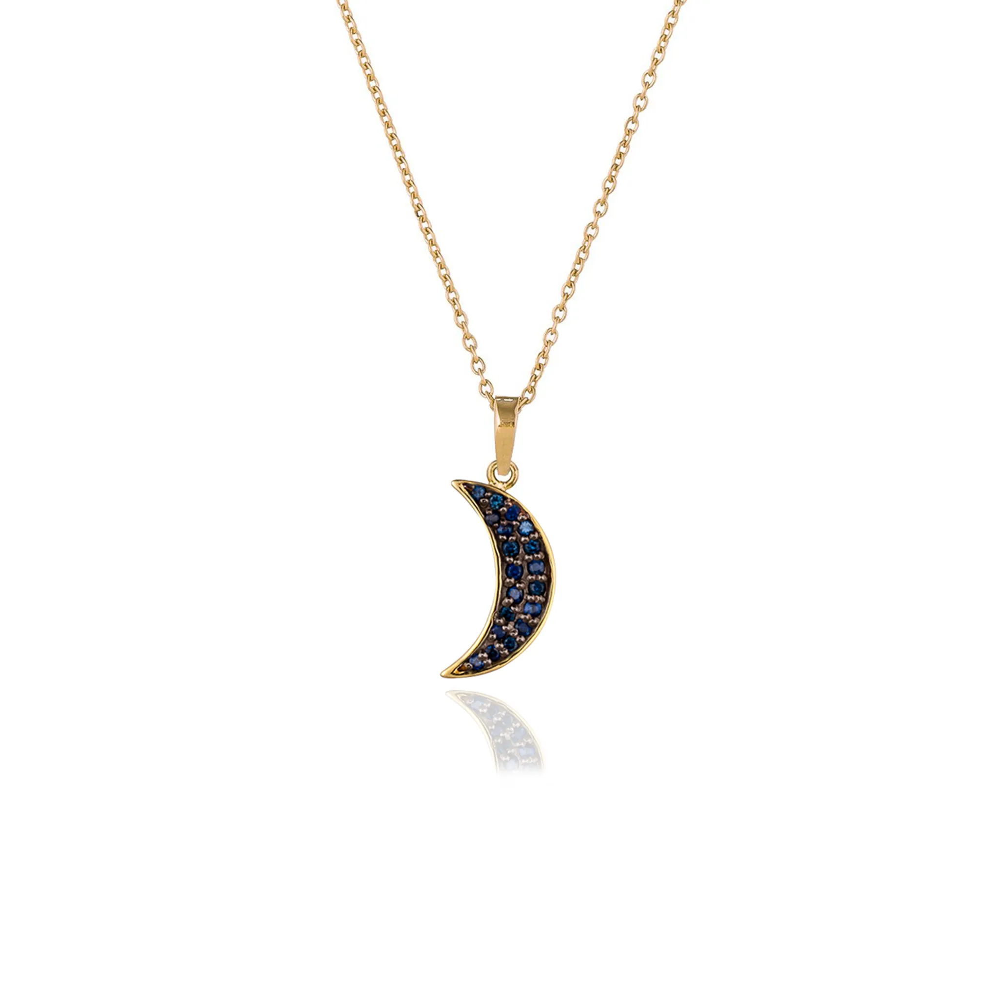 925 Silver Small Moon Necklace plated with Blue Sapphire Pavé