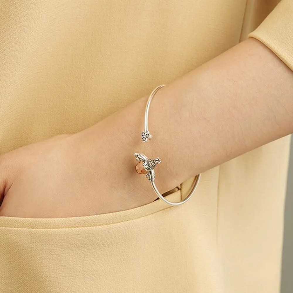 925 Sterling Silver  Bee Shape Cubic Zirconia and Austria Crystal Cuff Bracelet
