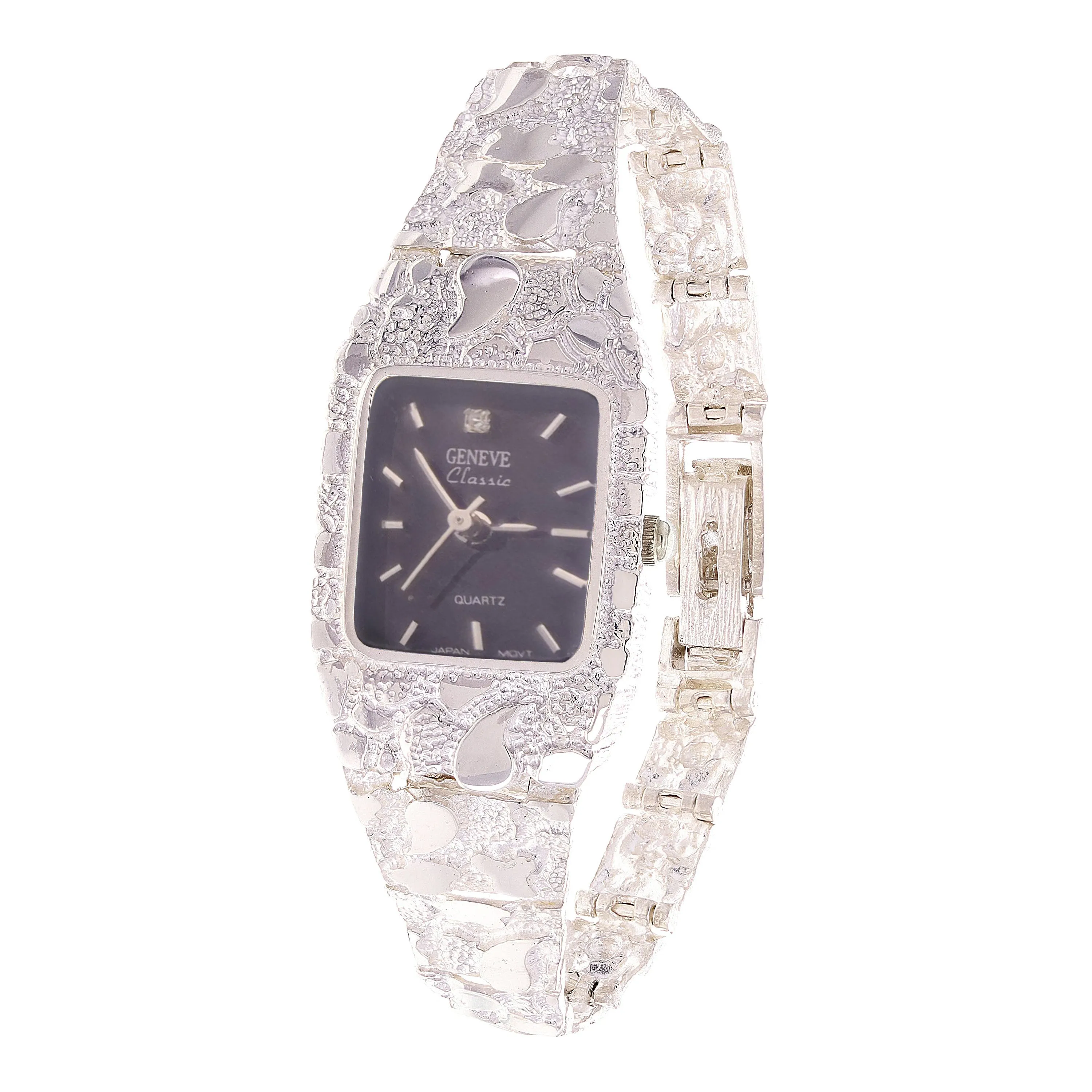 925 Sterling Silver Women's Nugget Link Geneve Diamond Wrist Watch 7-7.5" 26g