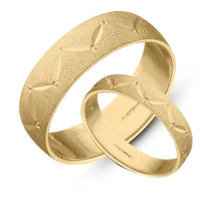 9ct Personalised Yellow Gold Wedding rings set, gold bangs for Groom and Brides set