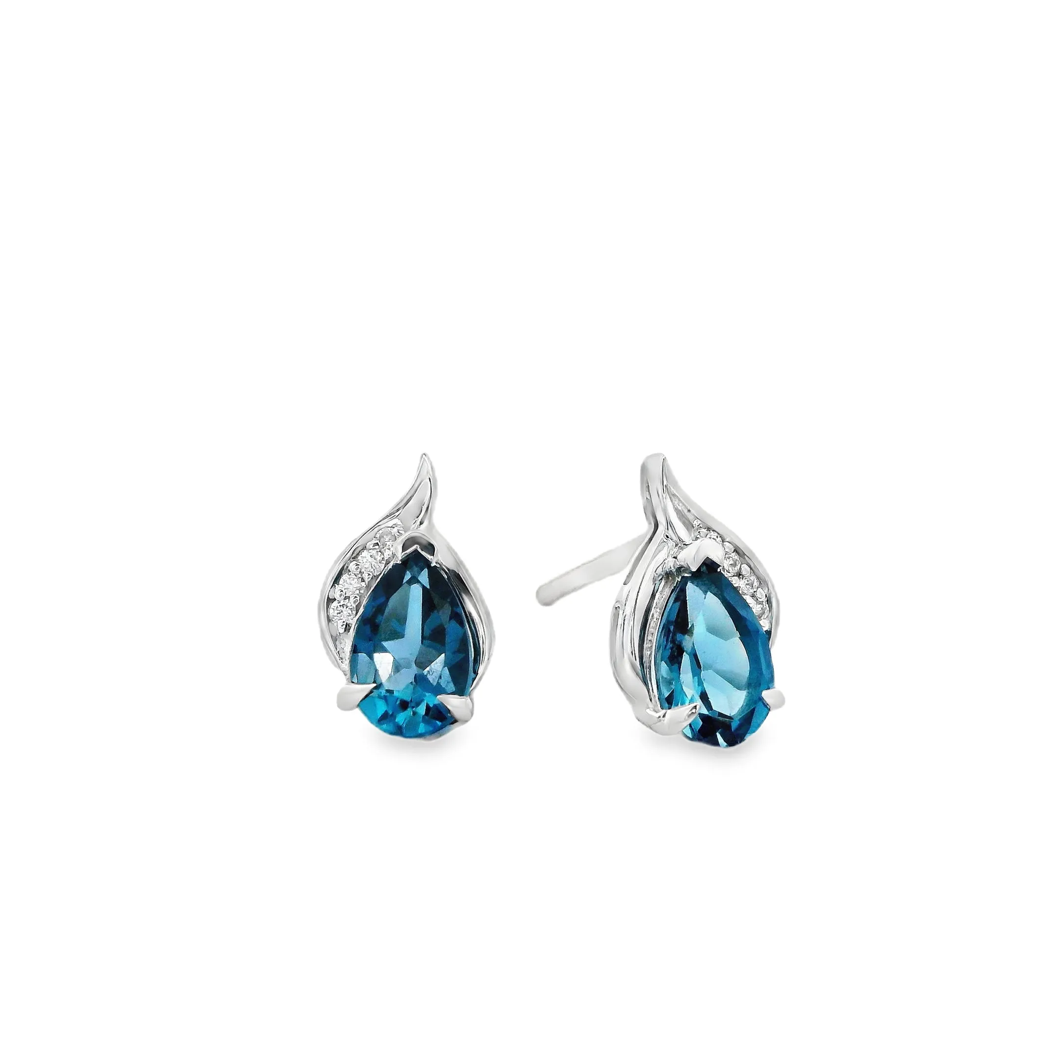 9ct White Gold Claw Set London Blue Topaz and Lab Grown Diamond Stud Earrings