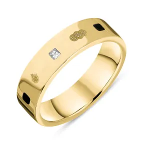 9ct Yellow Gold Whitby Jet 0.12ct Diamond Queen's Jubilee Hallmark Princess Cut 5mm Ring D