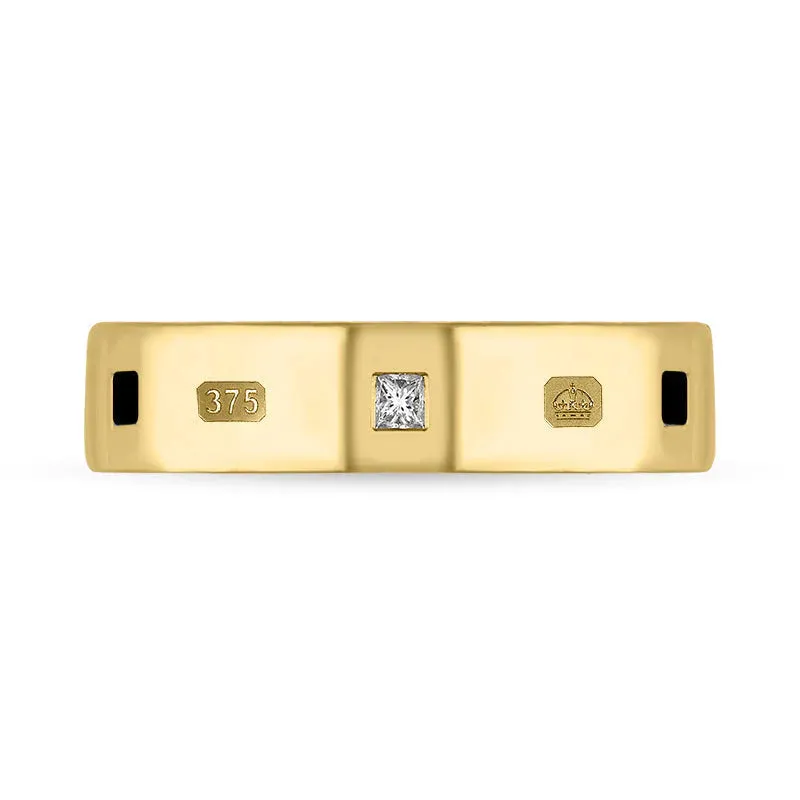 9ct Yellow Gold Whitby Jet 0.12ct Diamond Queen's Jubilee Hallmark Princess Cut 5mm Ring D