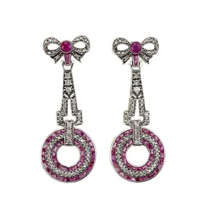 9K Gold and Silver Diamond with Natural Gemstone Art Deco Style Earrings