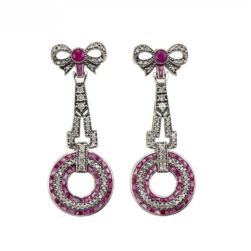 9K Gold and Silver Diamond with Natural Gemstone Art Deco Style Earrings