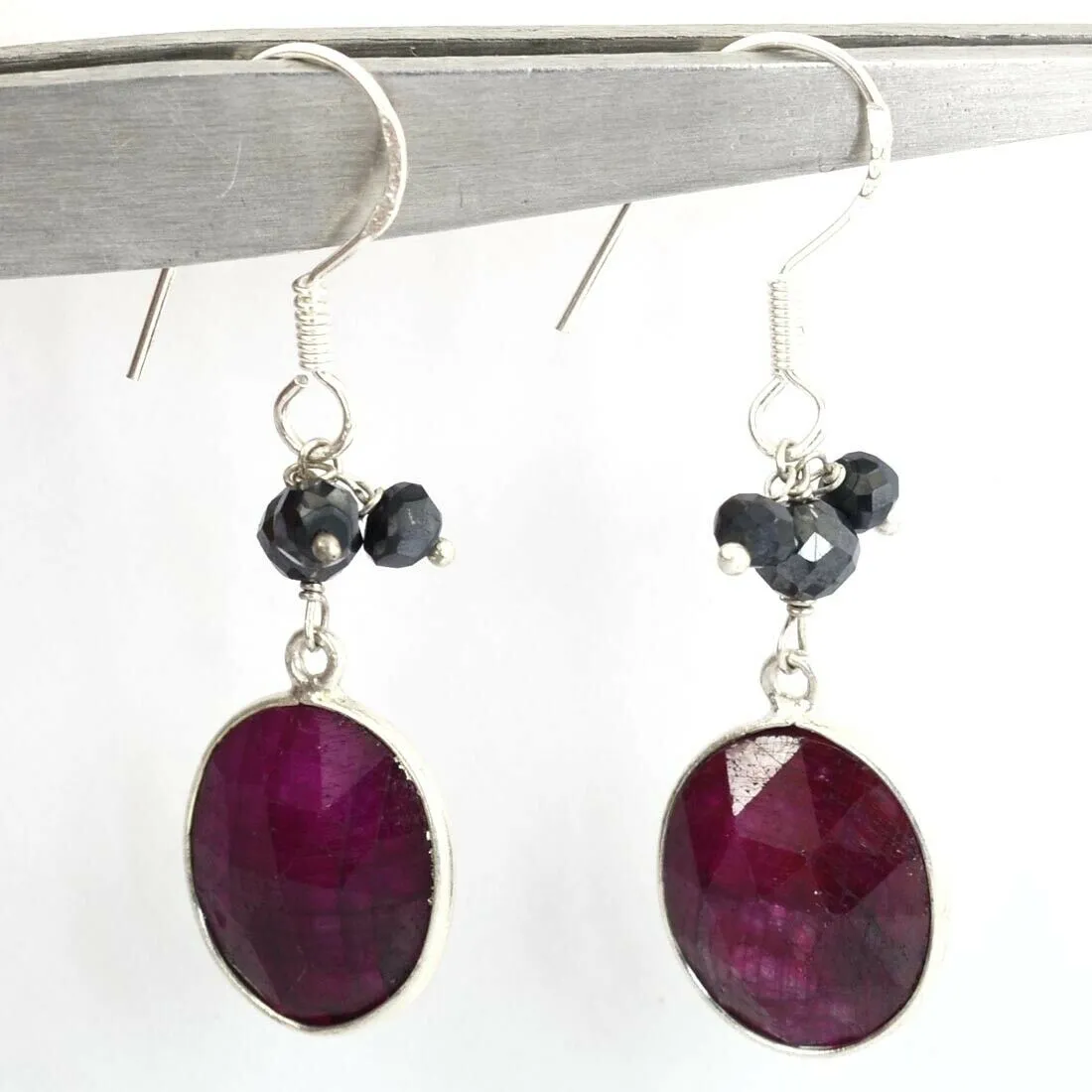 African Ruby Gemstone Dangler Earrings with Black Diamond 100% Certified