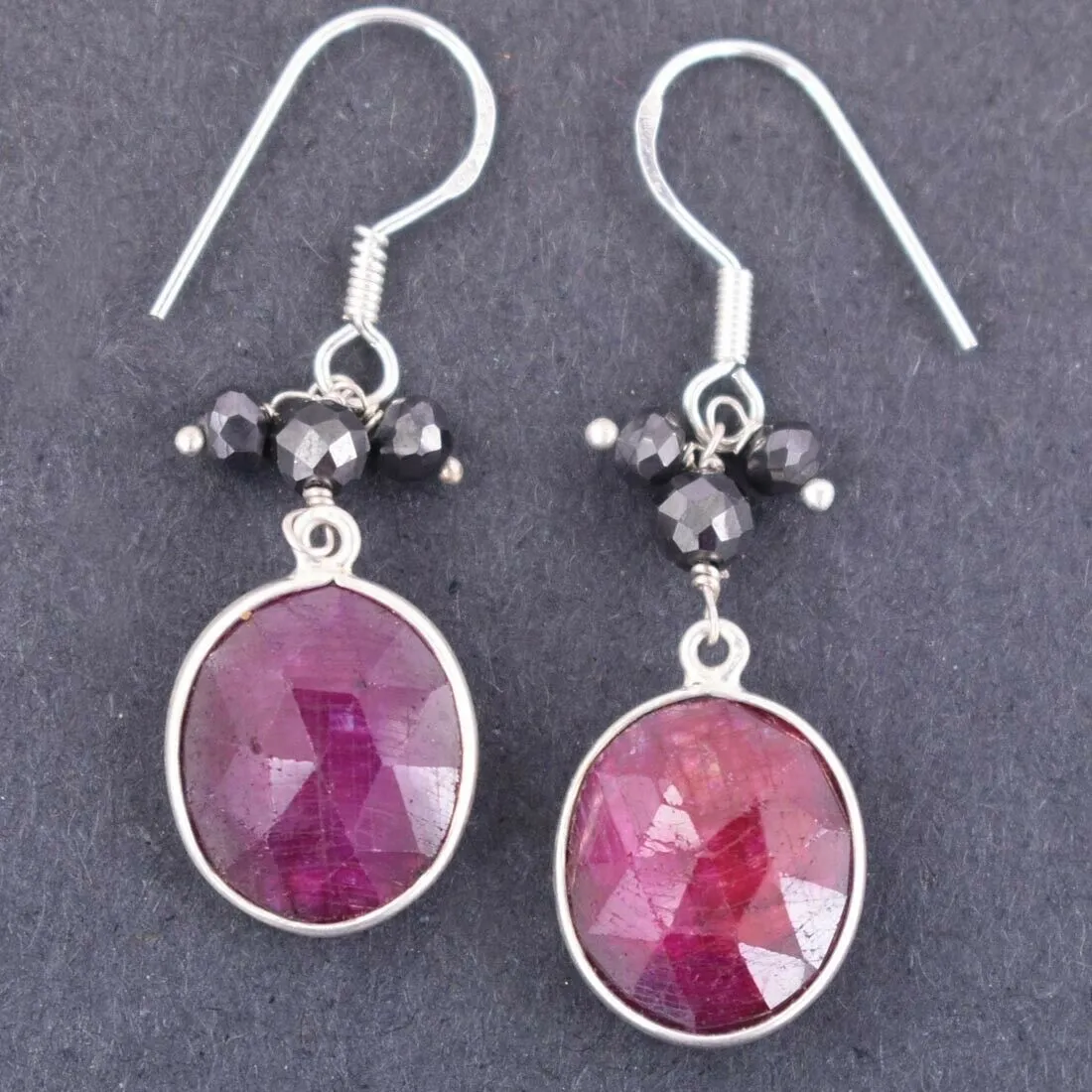 African Ruby Gemstone Dangler Earrings with Black Diamond 100% Certified
