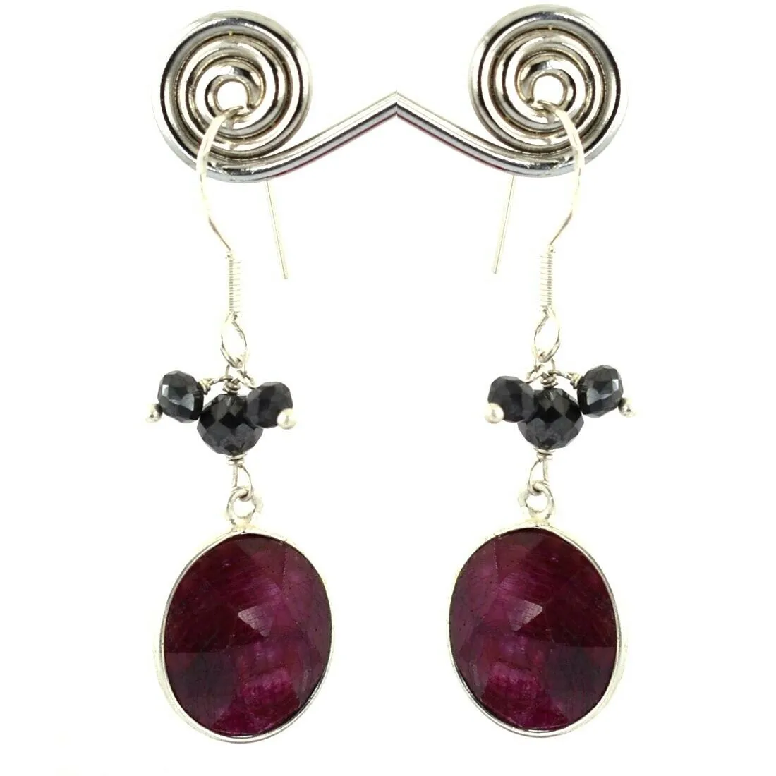 African Ruby Gemstone Dangler Earrings with Black Diamond 100% Certified