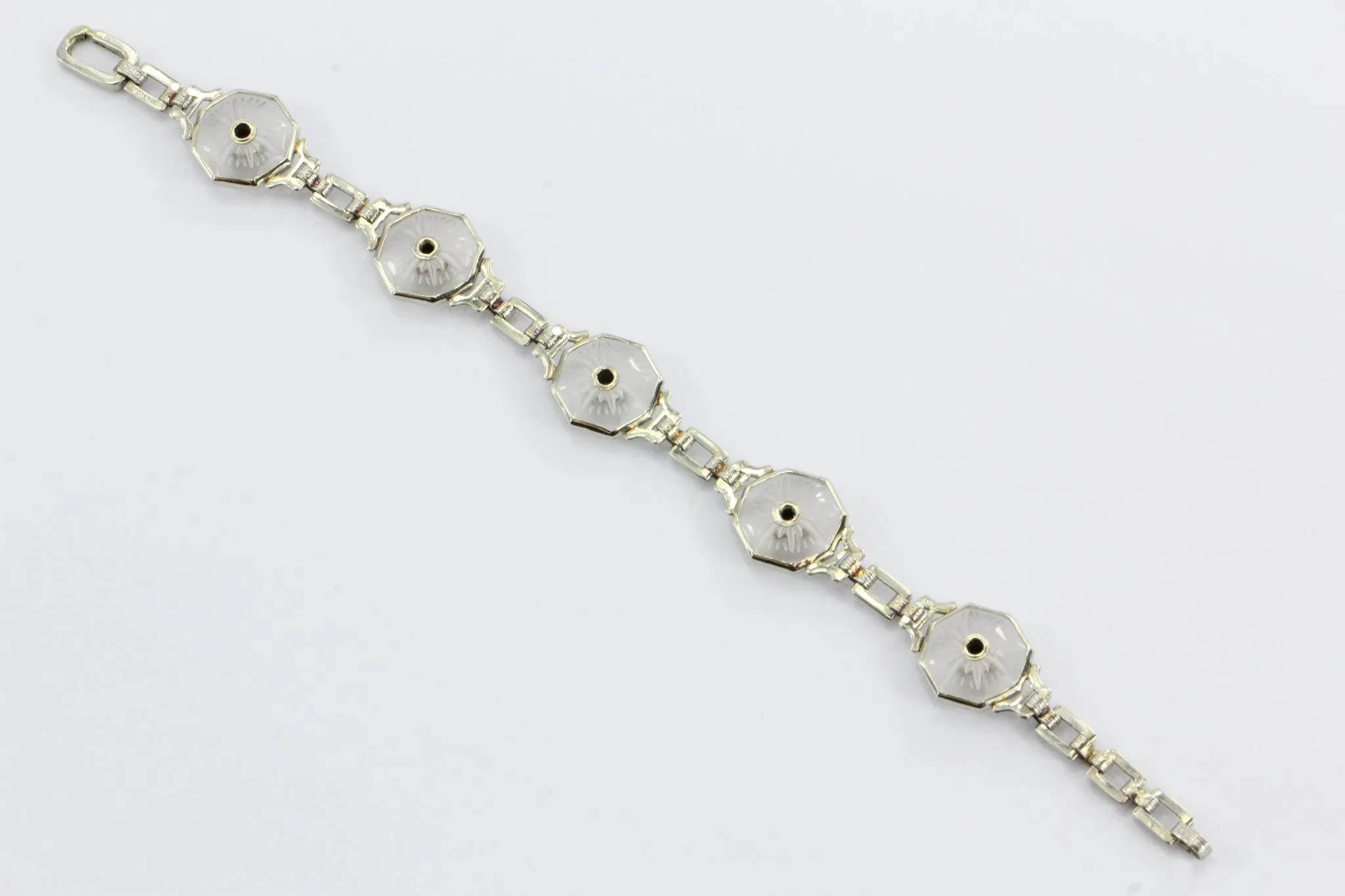Antique Art Deco Krementz 14K White Gold Camphor & Diamond Bracelet