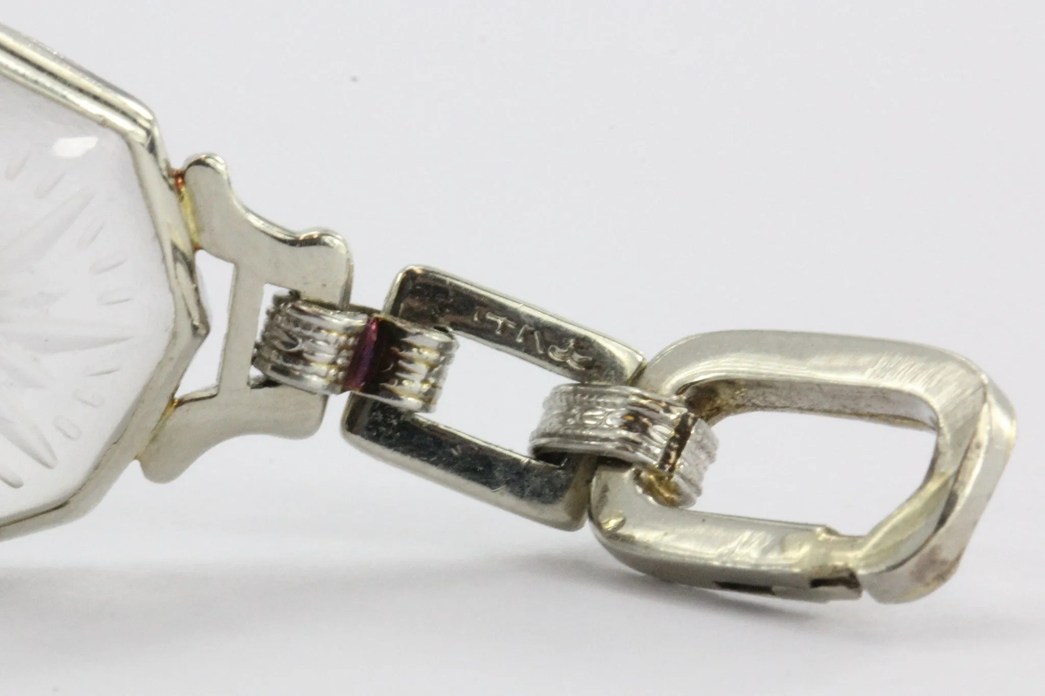 Antique Art Deco Krementz 14K White Gold Camphor & Diamond Bracelet