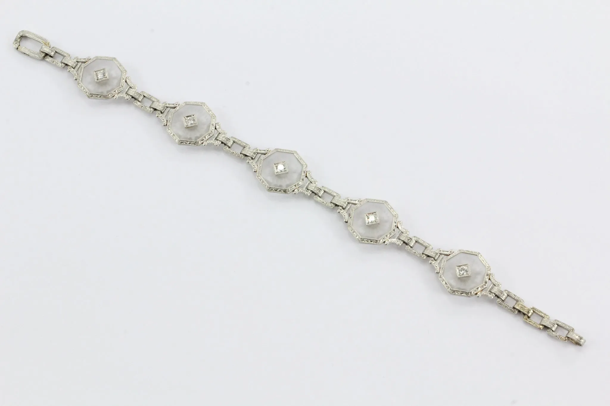 Antique Art Deco Krementz 14K White Gold Camphor & Diamond Bracelet