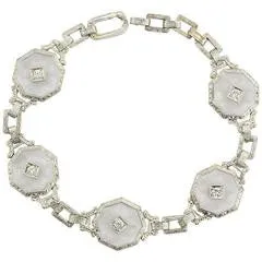 Antique Art Deco Krementz 14K White Gold Camphor & Diamond Bracelet