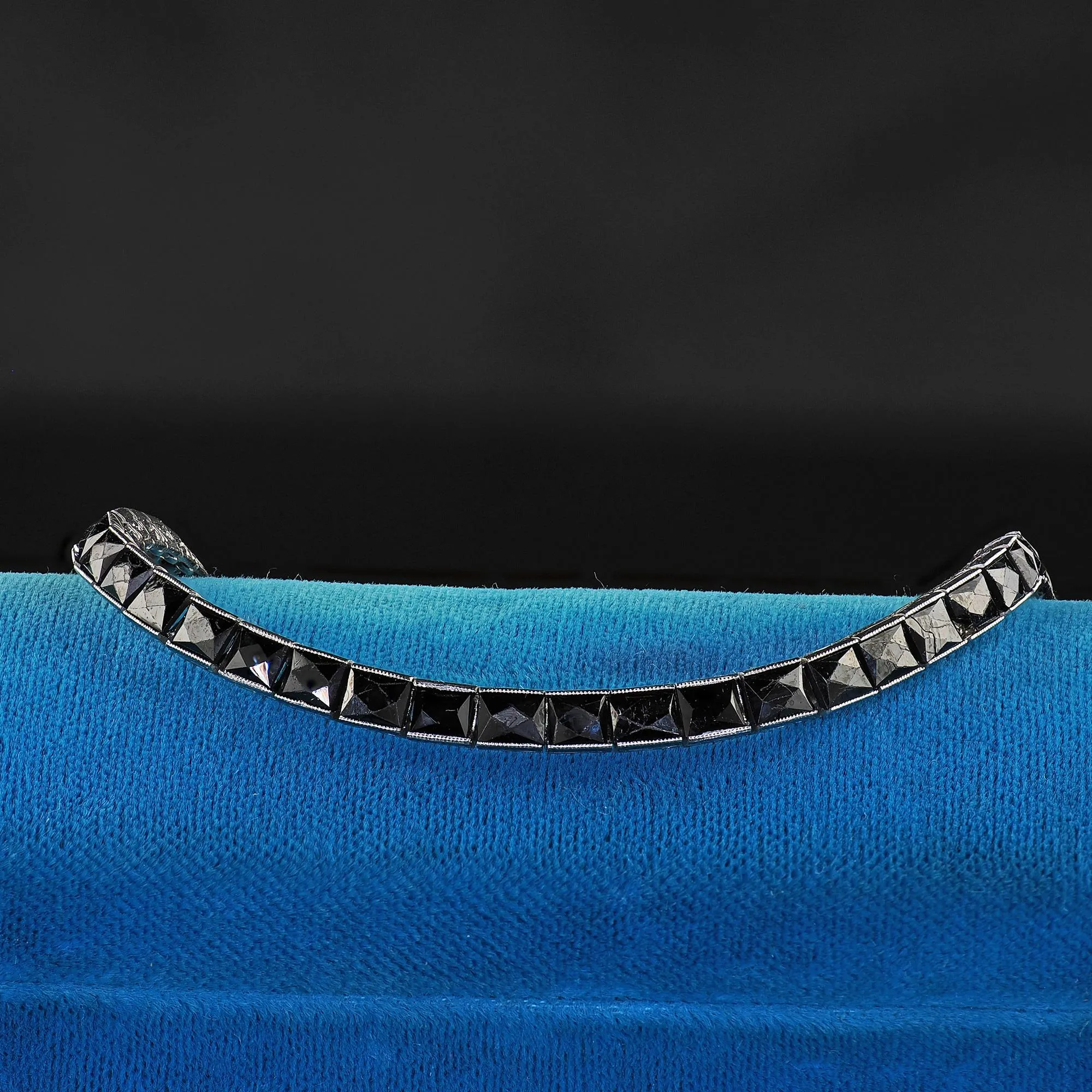 Antique Art Deco Platinum French Cut Onyx Engraved Line Bracelet