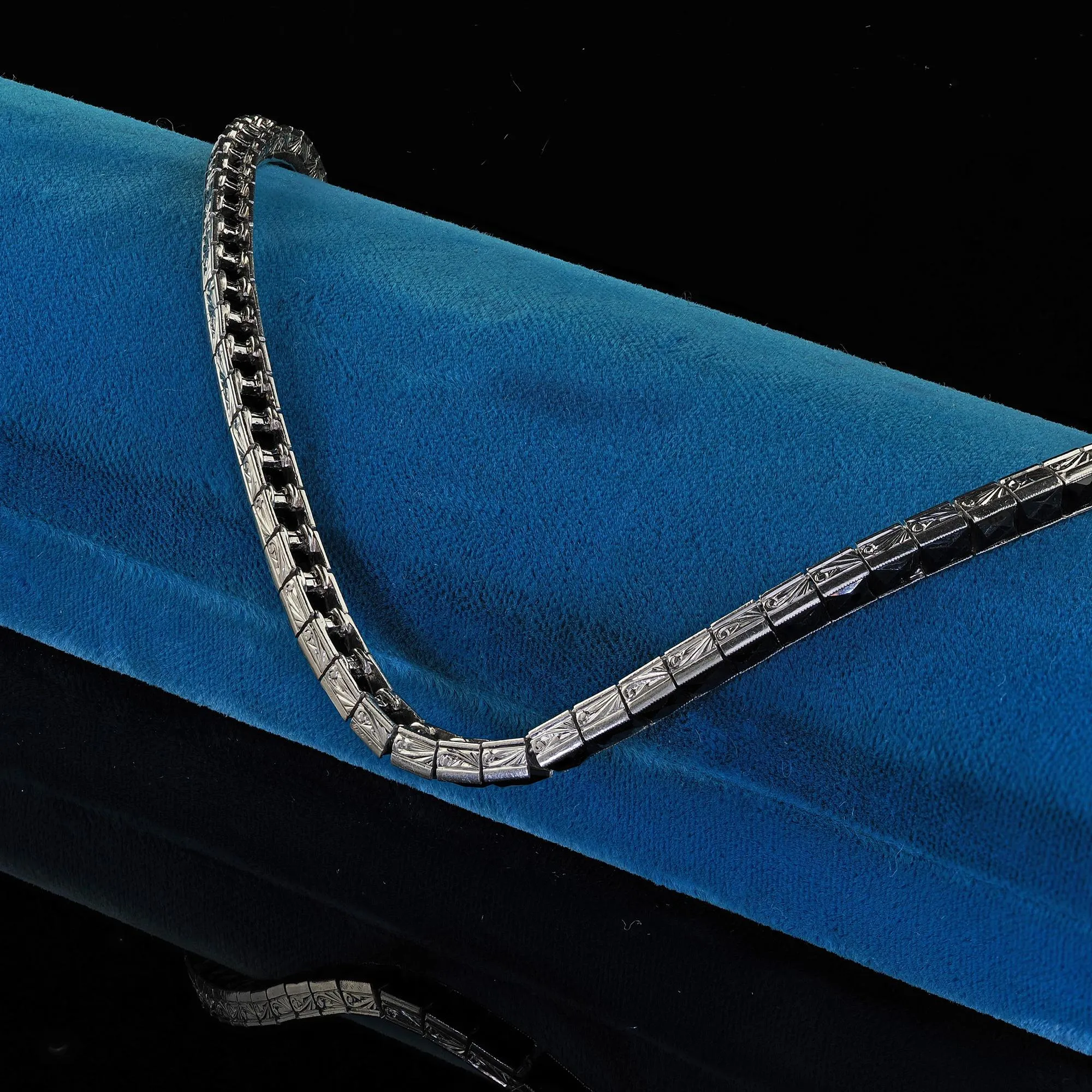 Antique Art Deco Platinum French Cut Onyx Engraved Line Bracelet