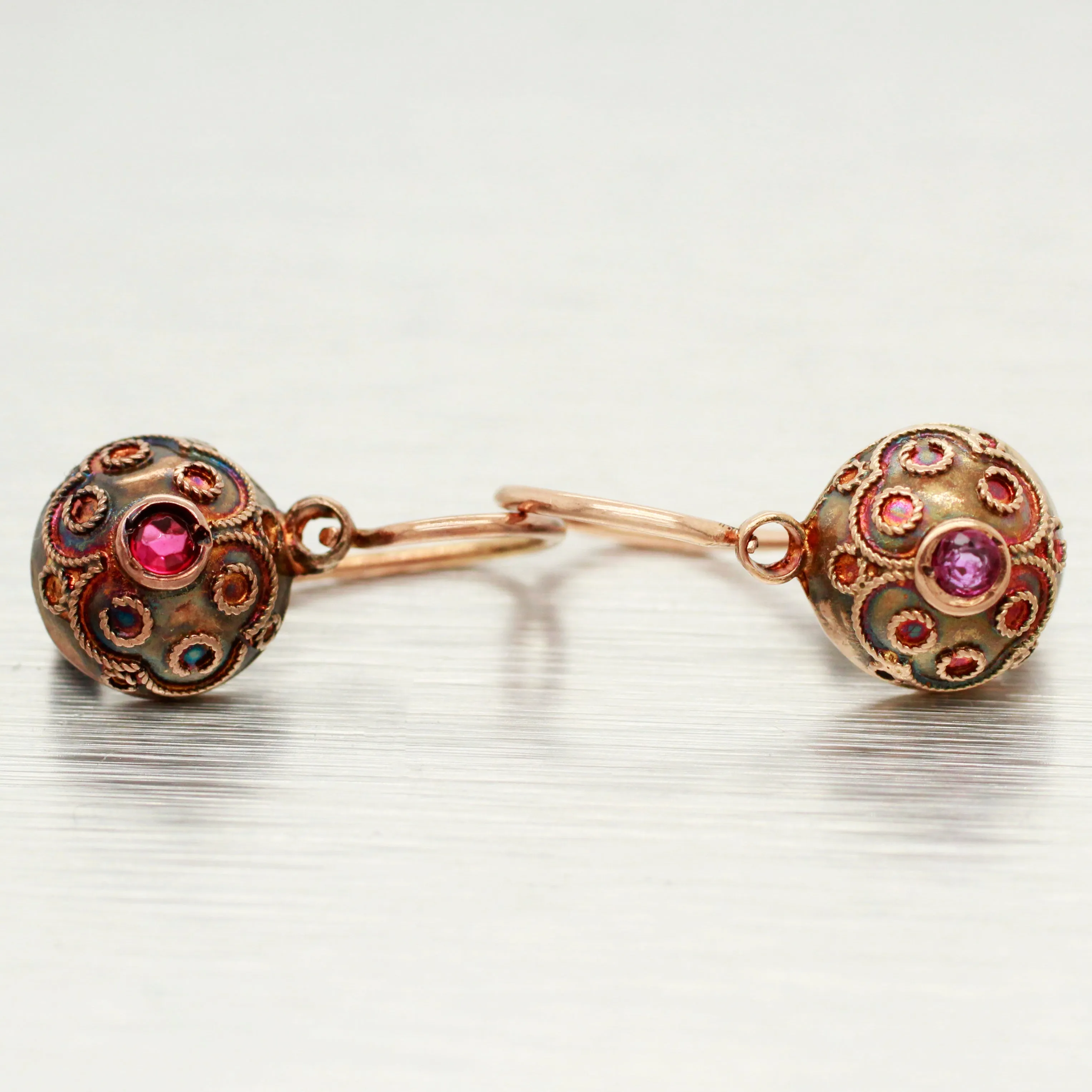 Antique Art Nouveau Ruby Ornate Sphere Drop Dangle Earrings - 14k Rose Gold