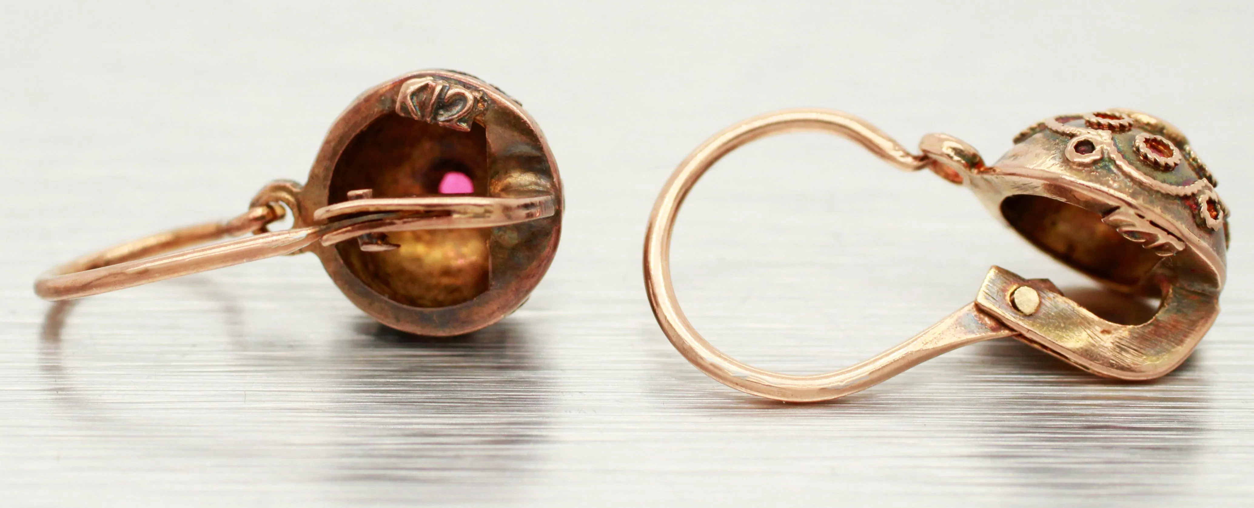 Antique Art Nouveau Ruby Ornate Sphere Drop Dangle Earrings - 14k Rose Gold