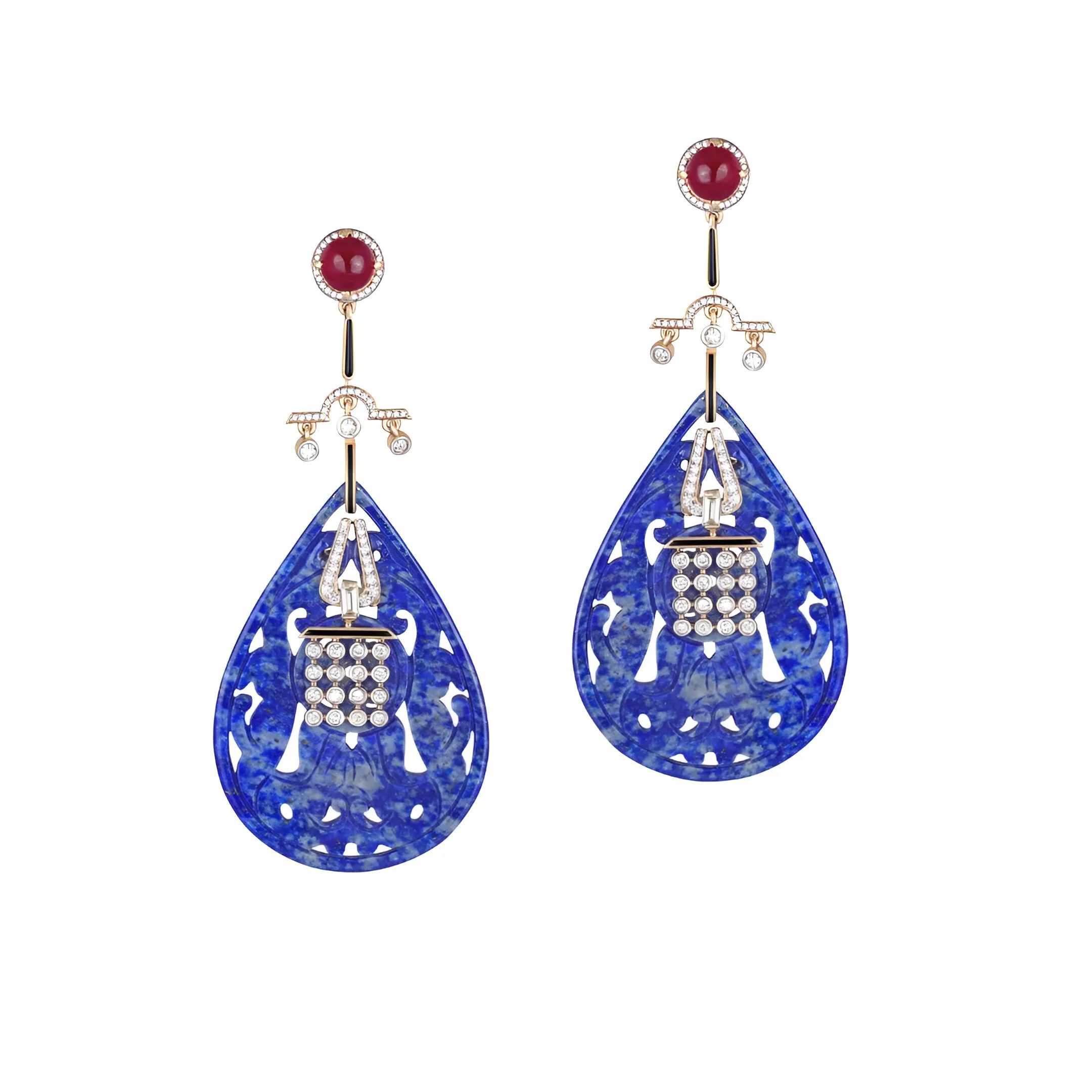 ANTIQUE CHINESE CARVED LAPIZ EARRINGS WITH RUBIES