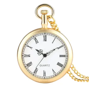 Antique Gold Vintage Pocket Watch With Chain For Men Roman Numbers Analog Display