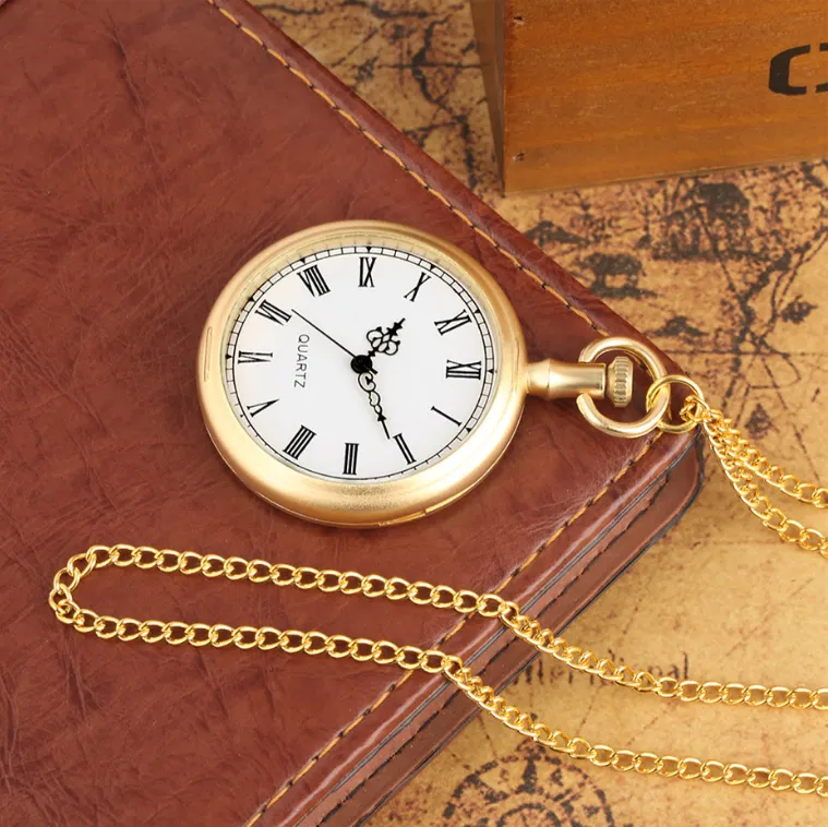 Antique Gold Vintage Pocket Watch With Chain For Men Roman Numbers Analog Display