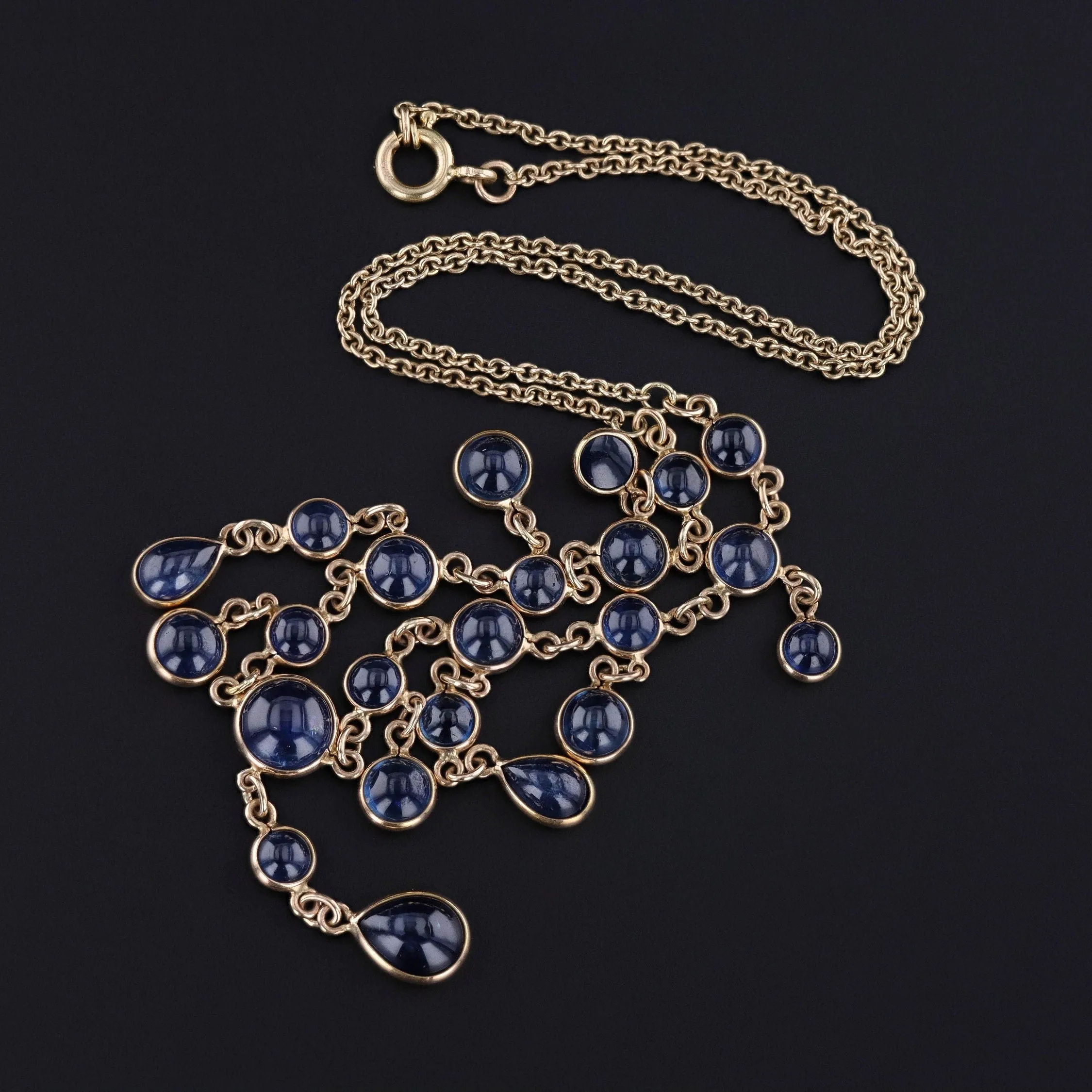 Antique Natural Sapphire Fringe Necklace of 14k Gold