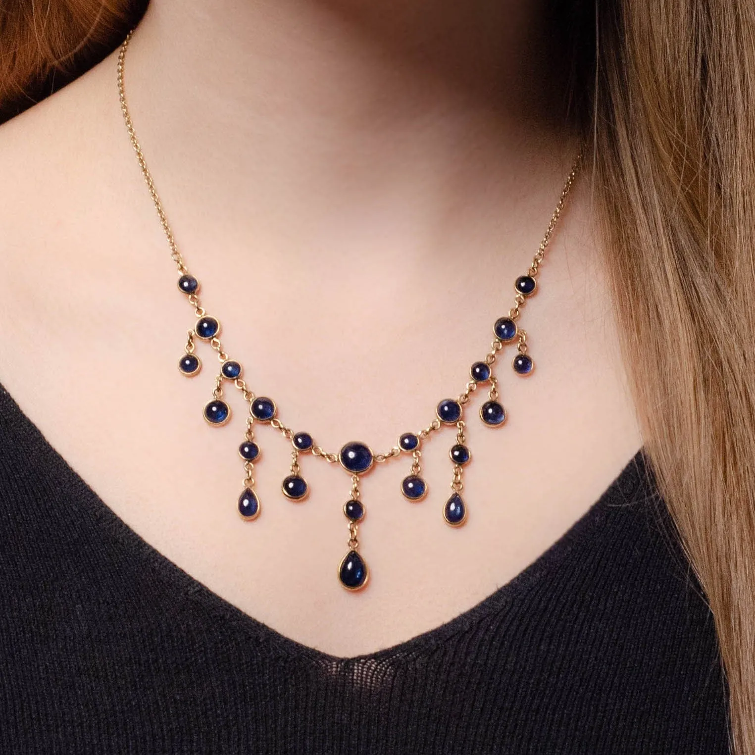 Antique Natural Sapphire Fringe Necklace of 14k Gold