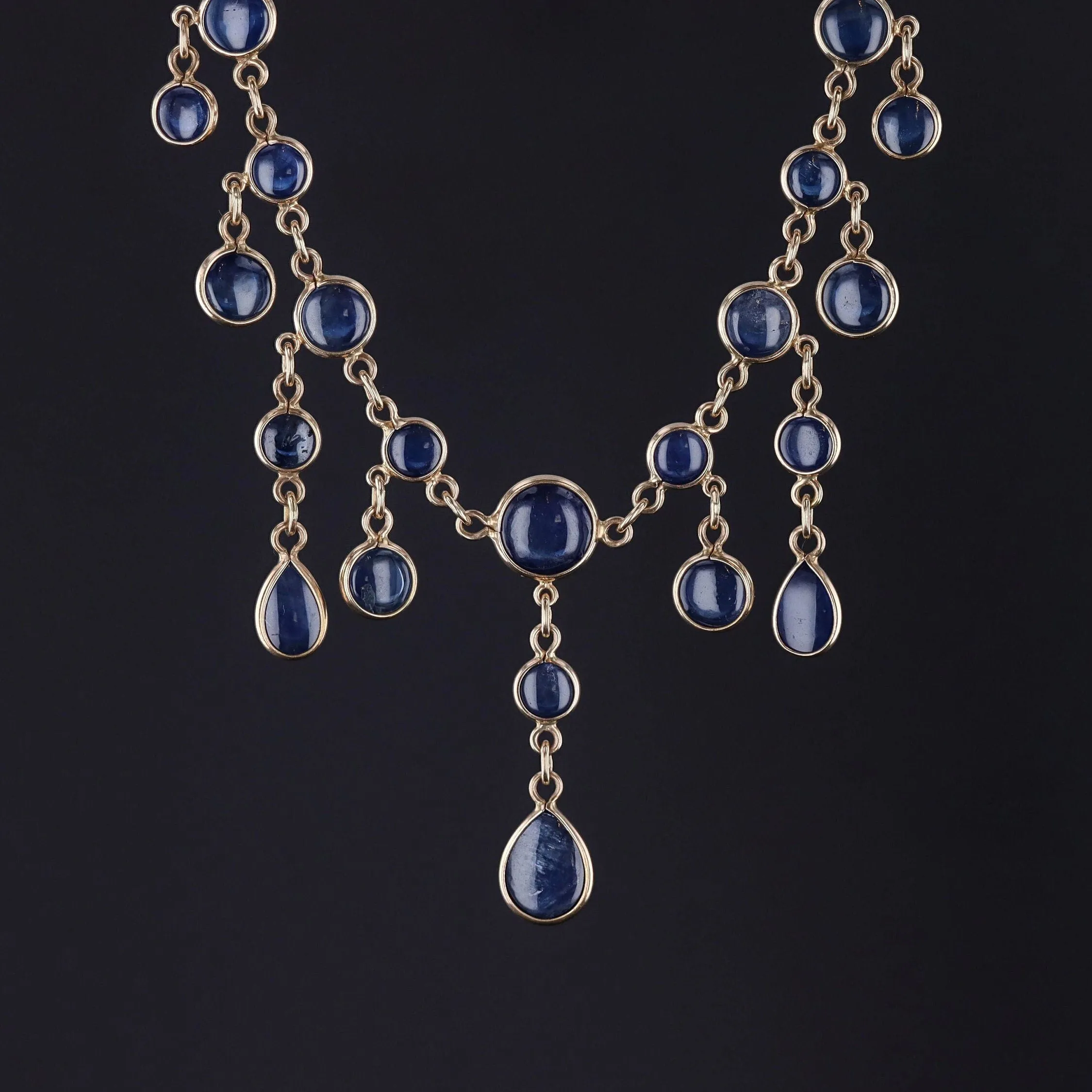 Antique Natural Sapphire Fringe Necklace of 14k Gold