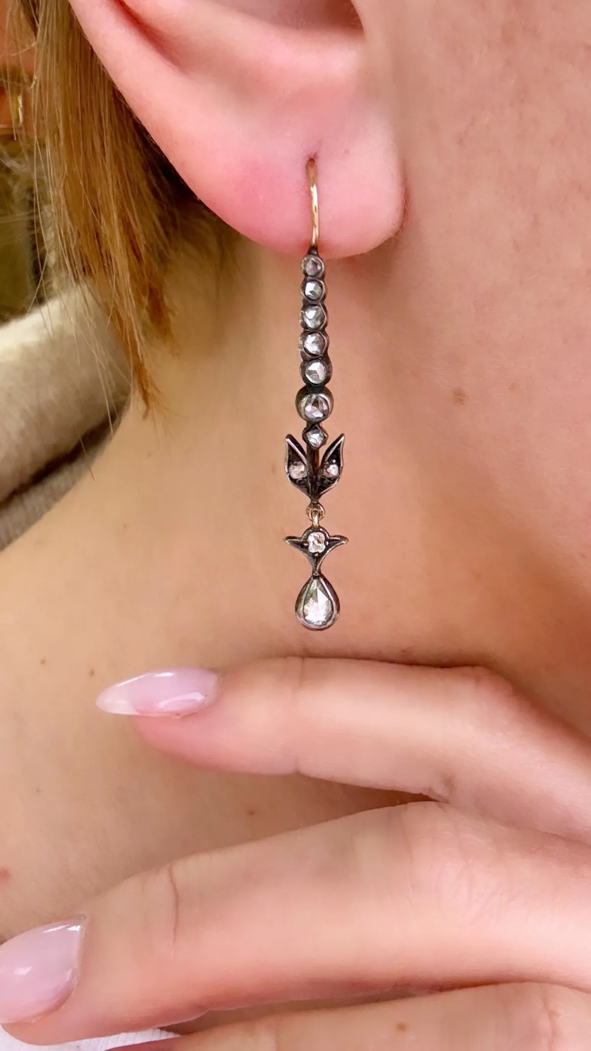 Antique Rose Cut 0.50ctw Diamond Earrings, Two Tone Sterling Silver & 14k