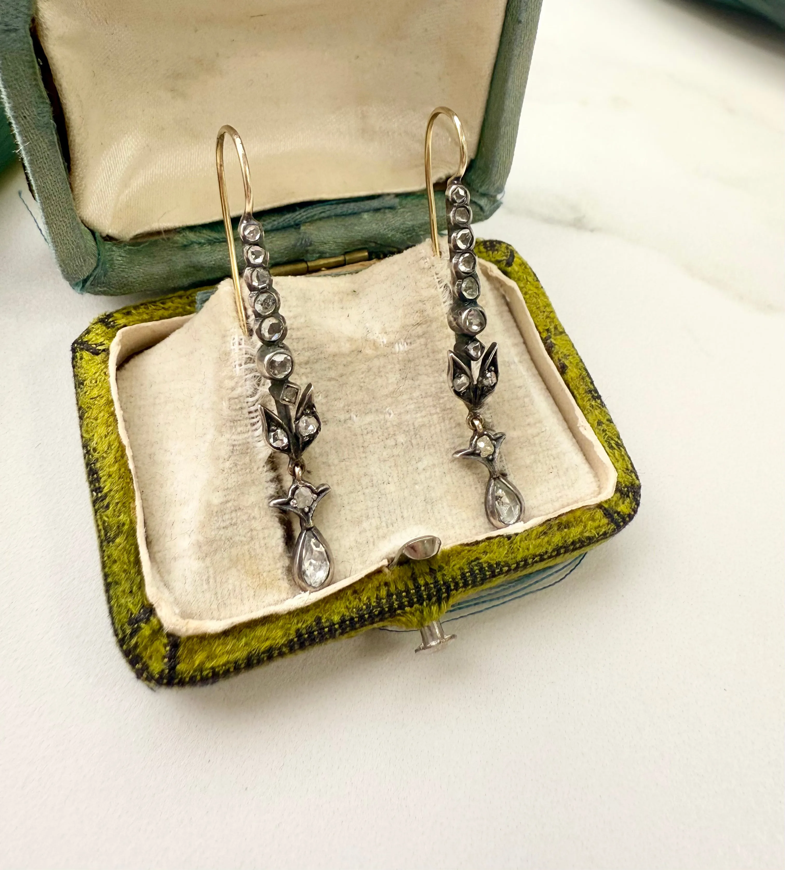 Antique Rose Cut 0.50ctw Diamond Earrings, Two Tone Sterling Silver & 14k