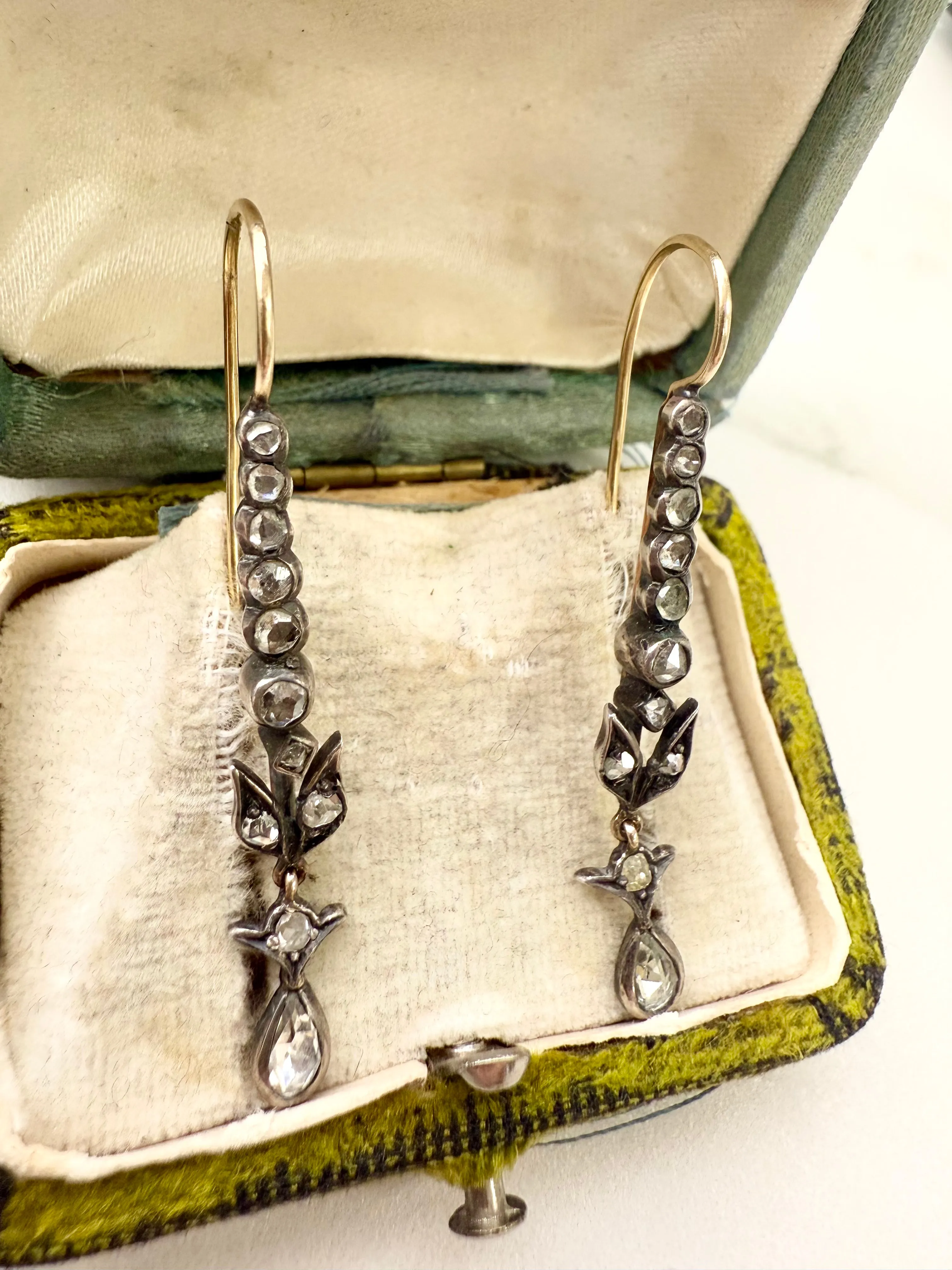 Antique Rose Cut 0.50ctw Diamond Earrings, Two Tone Sterling Silver & 14k