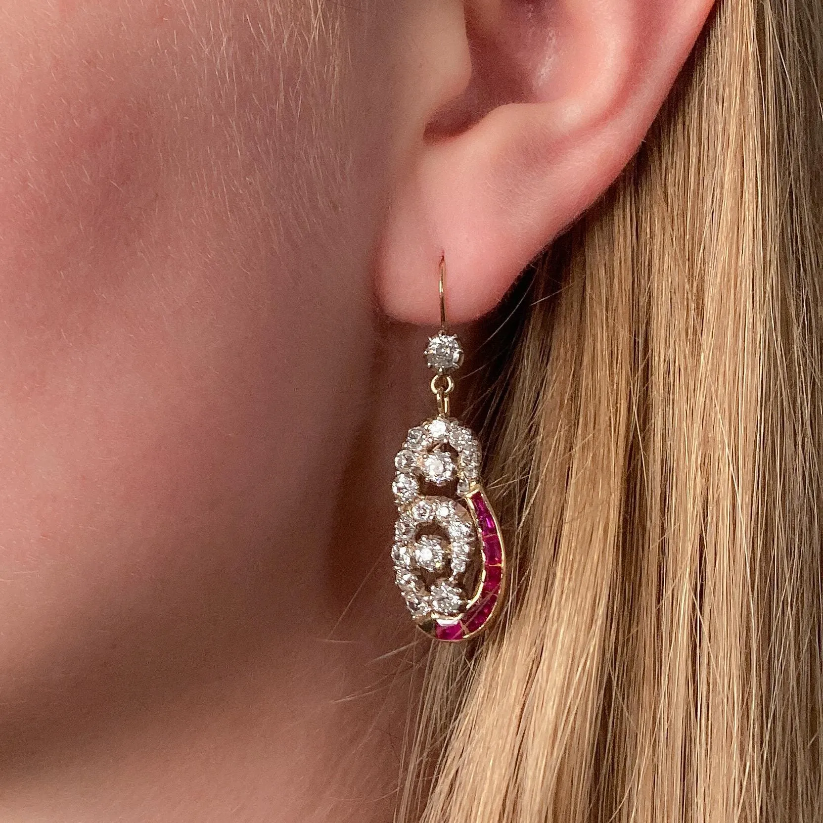 Antique Ruby and Diamond Earrings of Silver Topped 9ct Gold