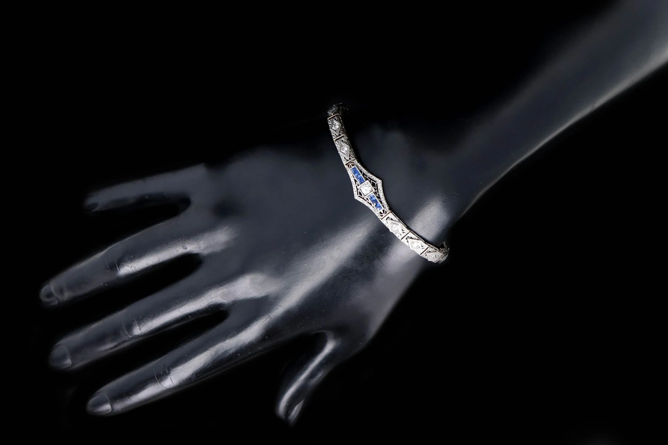 Art Deco 18K & Platinum Old European Cut Diamond & Natural Sapphire Filigree Bracelet