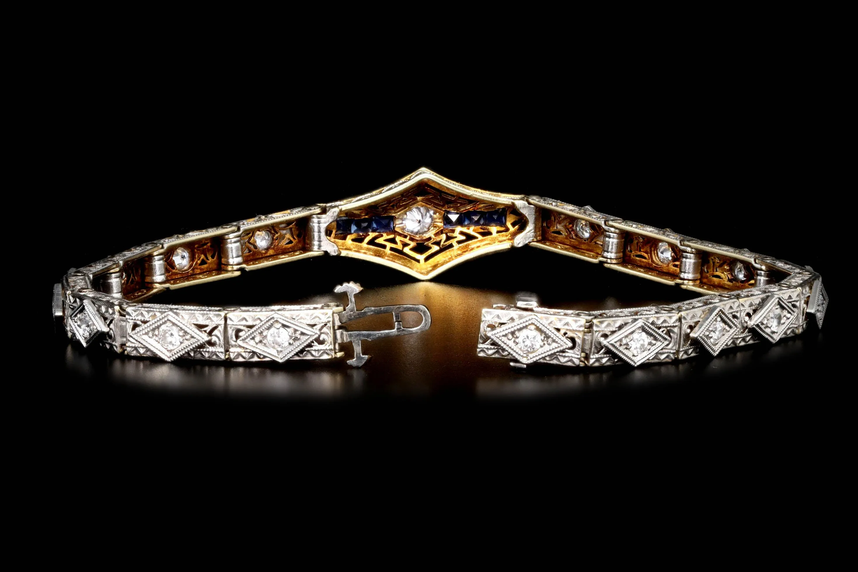 Art Deco 18K & Platinum Old European Cut Diamond & Natural Sapphire Filigree Bracelet