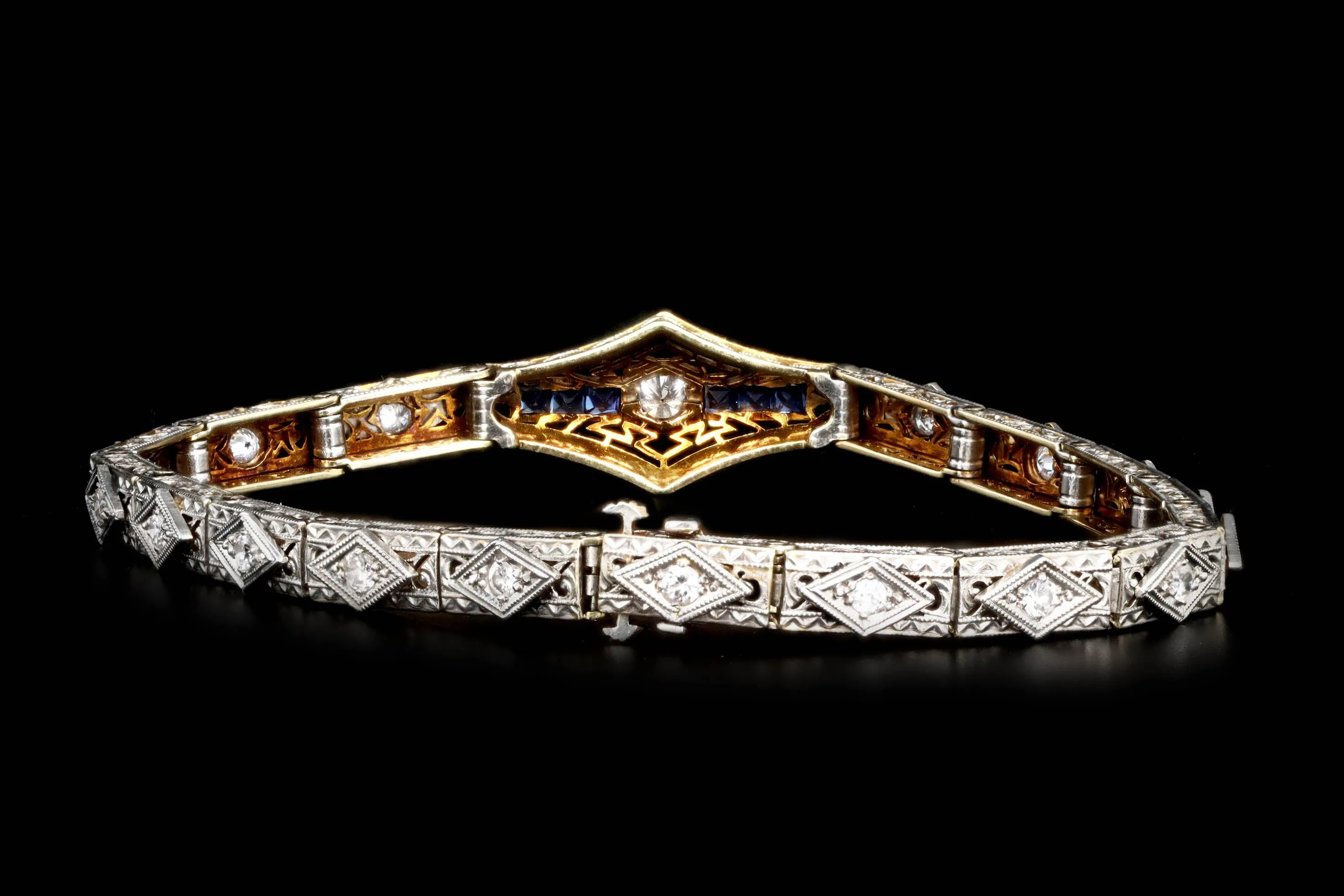 Art Deco 18K & Platinum Old European Cut Diamond & Natural Sapphire Filigree Bracelet