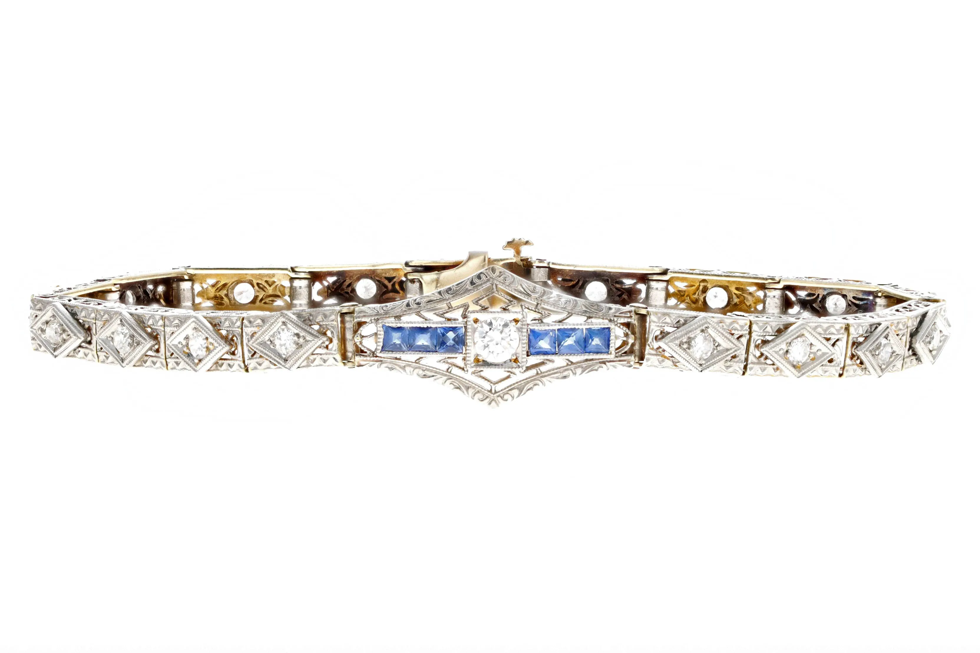 Art Deco 18K & Platinum Old European Cut Diamond & Natural Sapphire Filigree Bracelet