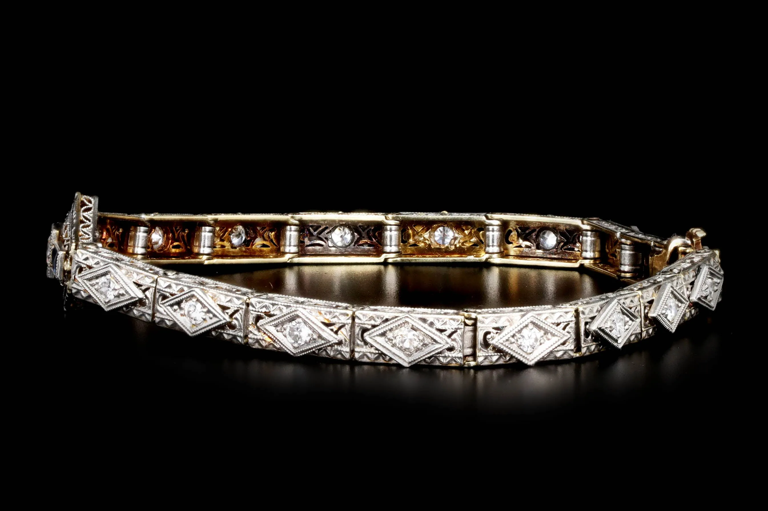 Art Deco 18K & Platinum Old European Cut Diamond & Natural Sapphire Filigree Bracelet