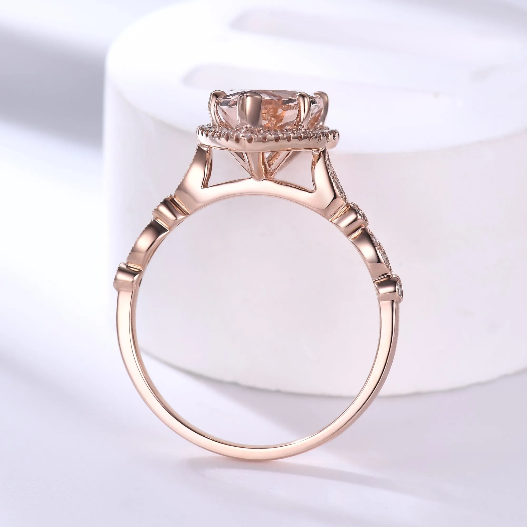 Art Deco 7x10mm Teardrop Morganite Engagement Ring Rose Gold Milgrain Diamond