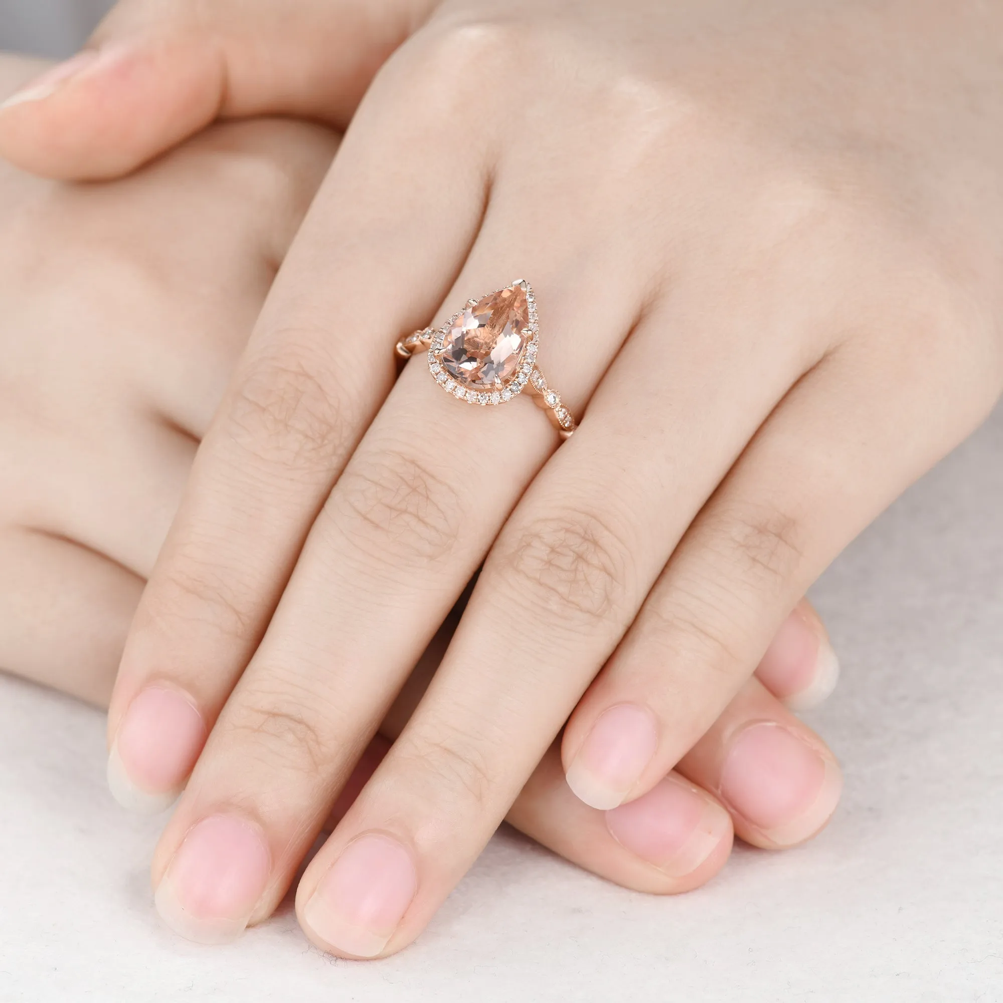 Art Deco 7x10mm Teardrop Morganite Engagement Ring Rose Gold Milgrain Diamond