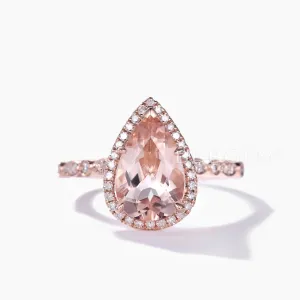 Art Deco 7x10mm Teardrop Morganite Engagement Ring Rose Gold Milgrain Diamond