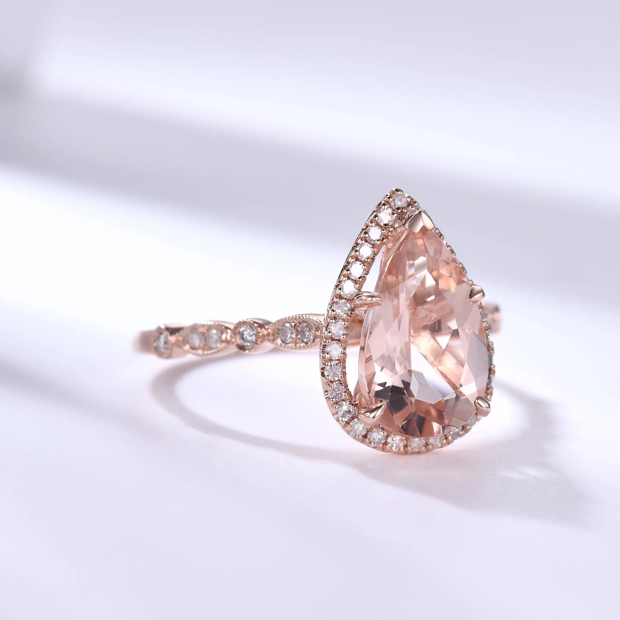 Art Deco 7x10mm Teardrop Morganite Engagement Ring Rose Gold Milgrain Diamond