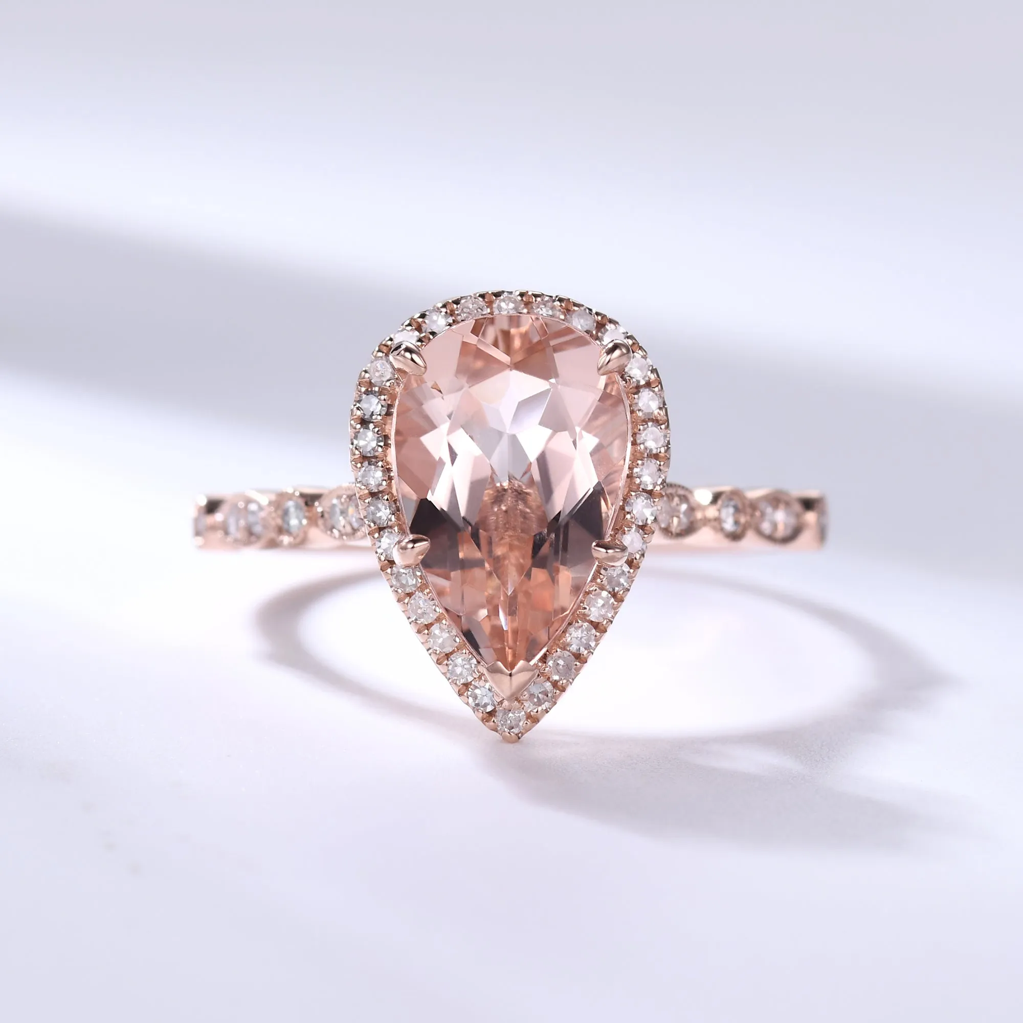 Art Deco 7x10mm Teardrop Morganite Engagement Ring Rose Gold Milgrain Diamond