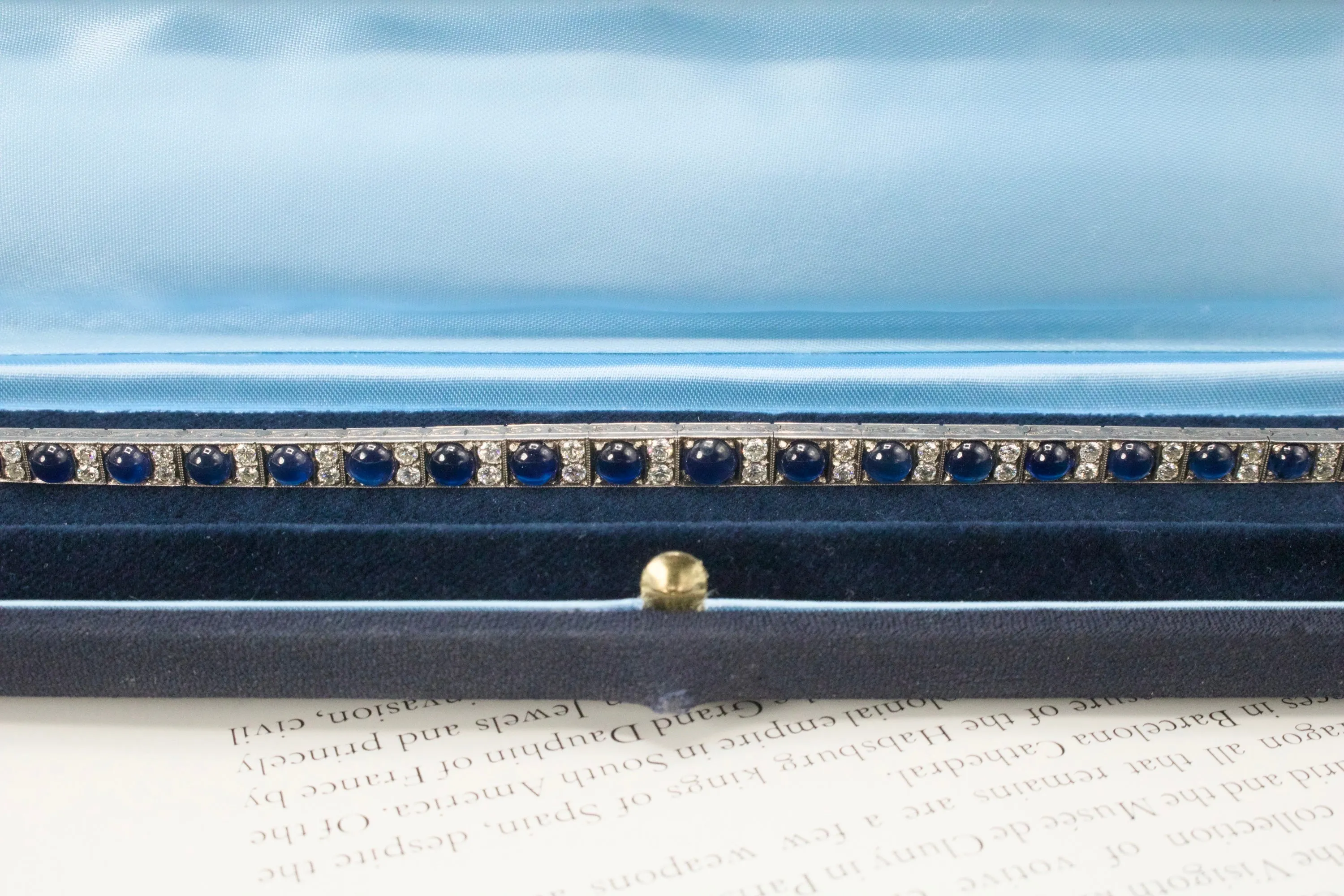 Art Deco Diamond and Cabochon Sapphire Link Bracelet in White Gold