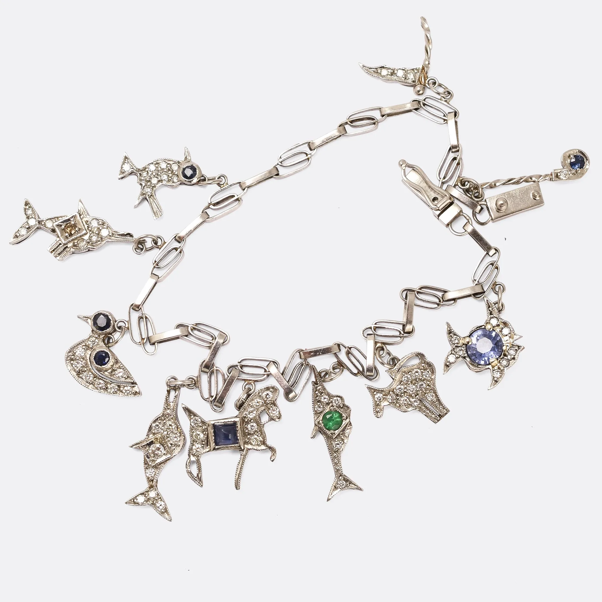 Art Deco Platinum "Marine Theme" Charm Bracelet