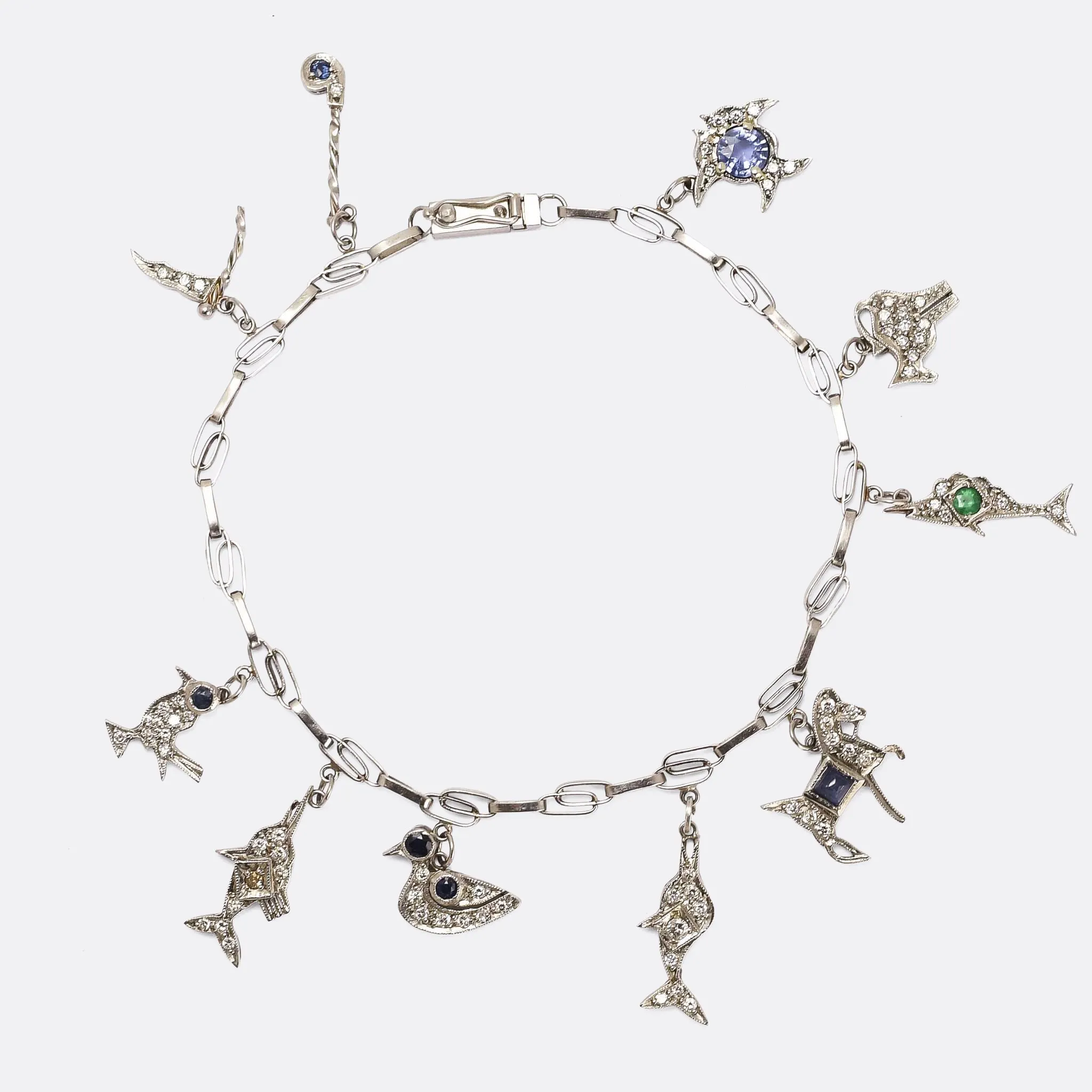 Art Deco Platinum "Marine Theme" Charm Bracelet