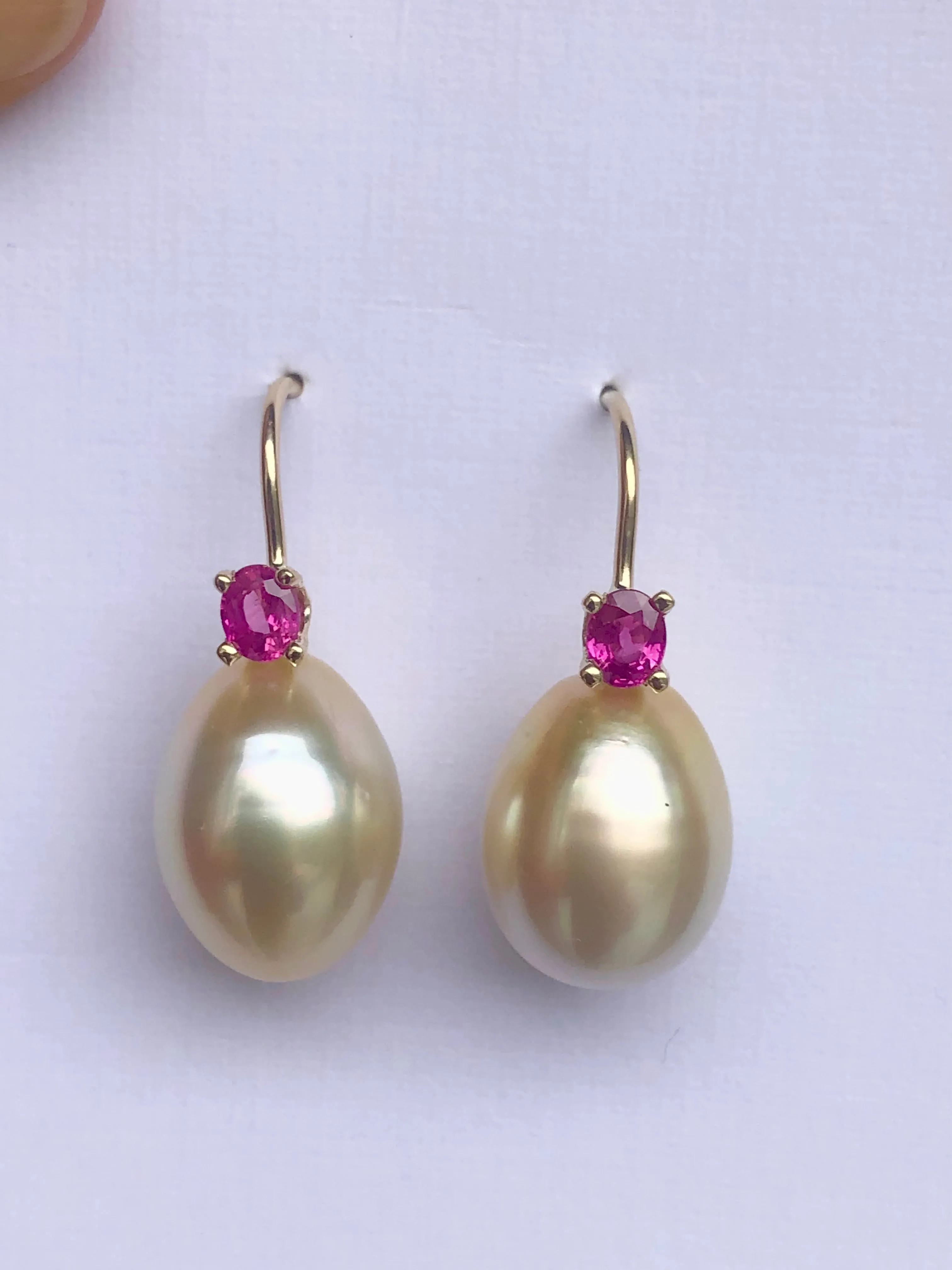 Australian Pearl Earrings with Ruby 14 Karat Yellow Gold