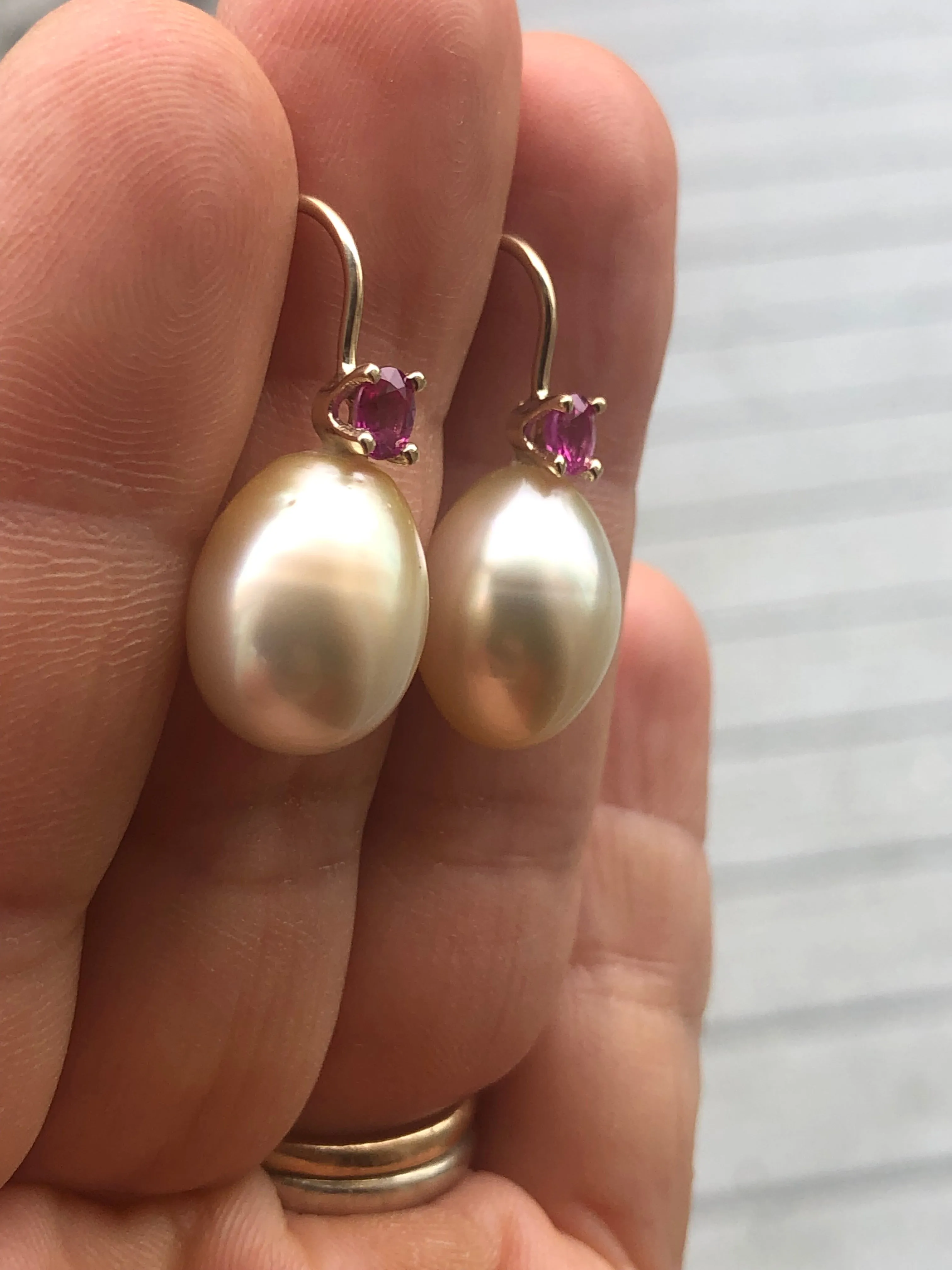 Australian Pearl Earrings with Ruby 14 Karat Yellow Gold