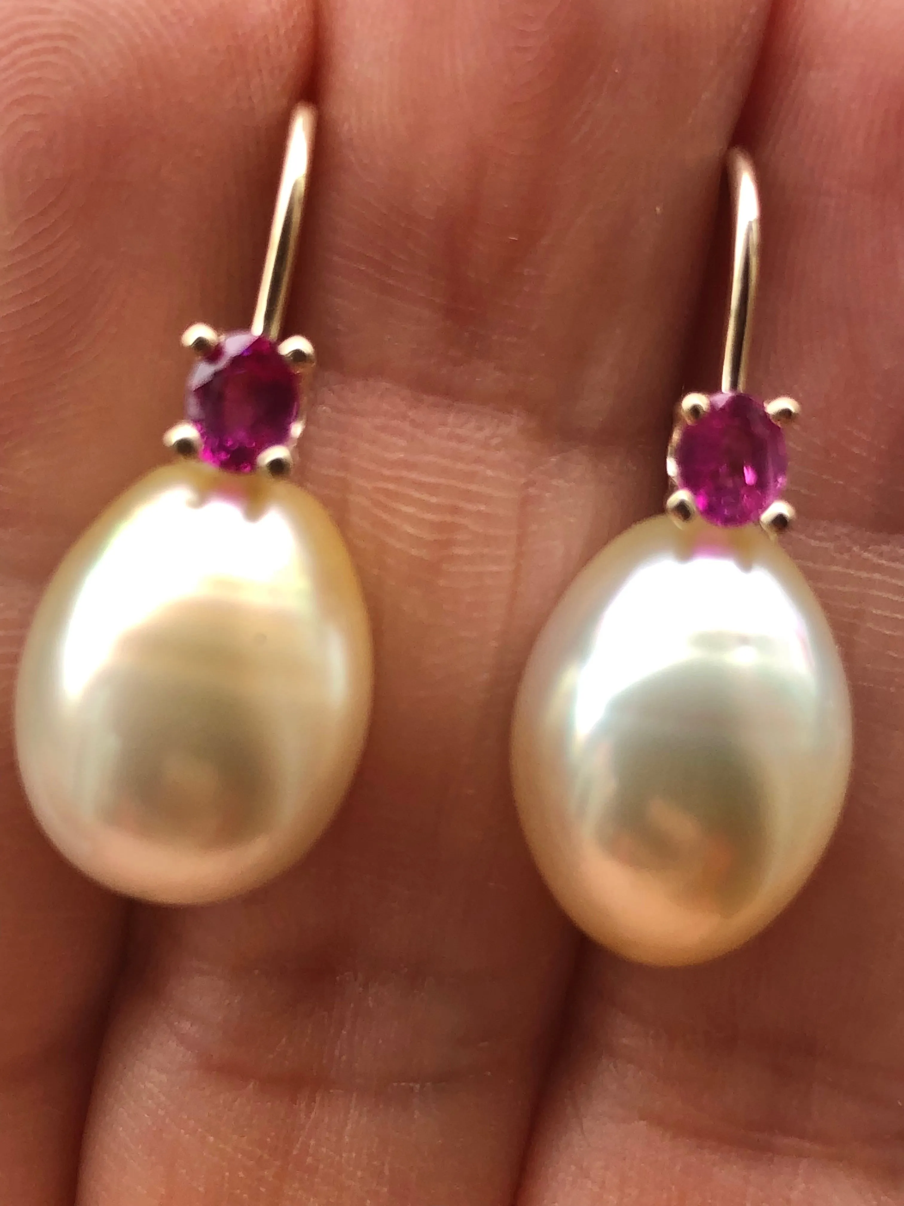 Australian Pearl Earrings with Ruby 14 Karat Yellow Gold