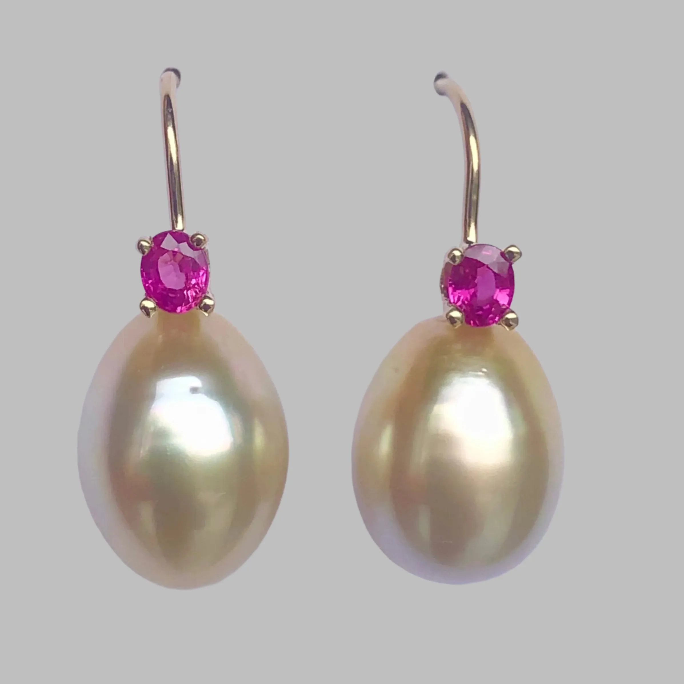 Australian Pearl Earrings with Ruby 14 Karat Yellow Gold