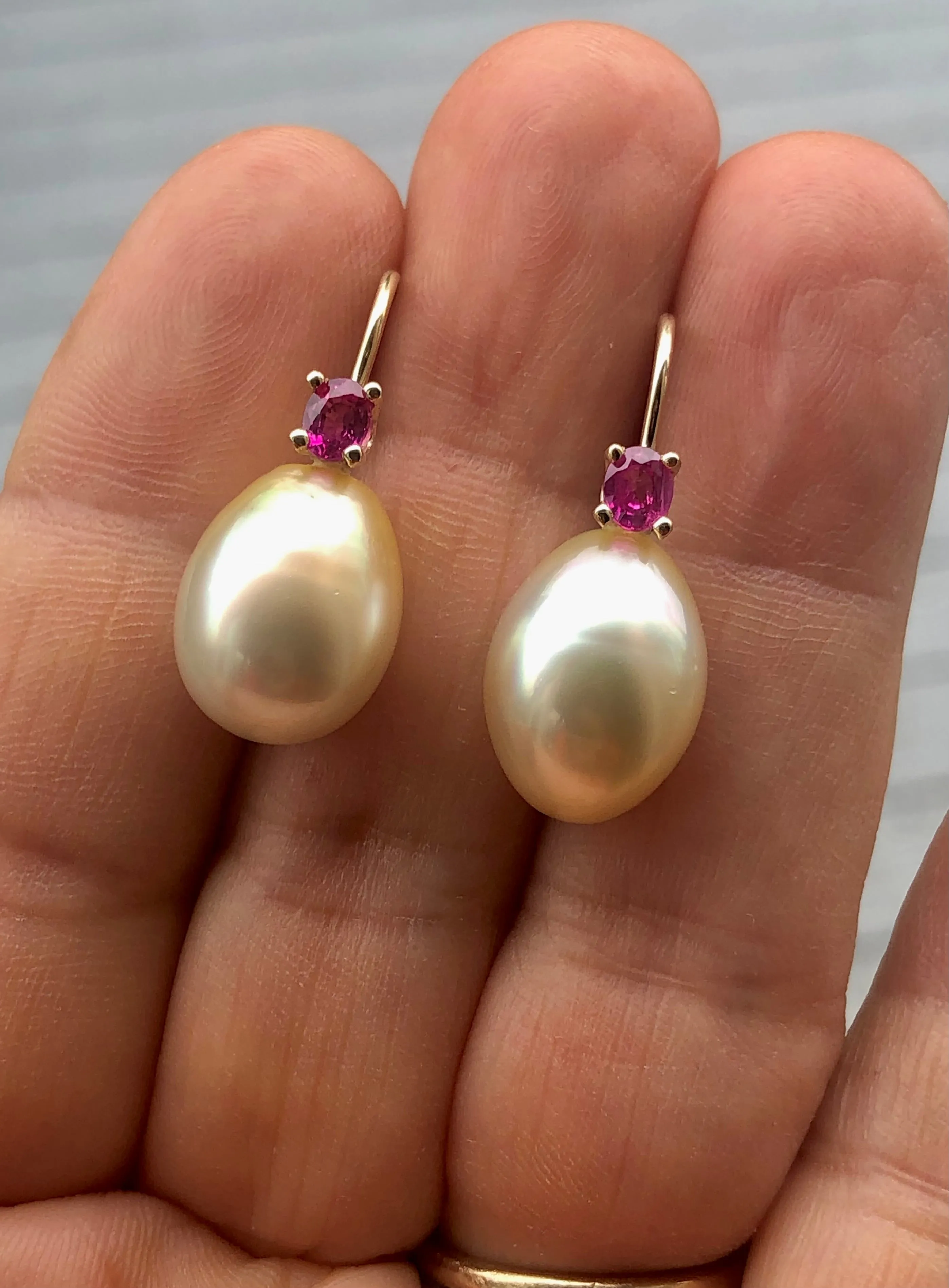 Australian Pearl Earrings with Ruby 14 Karat Yellow Gold