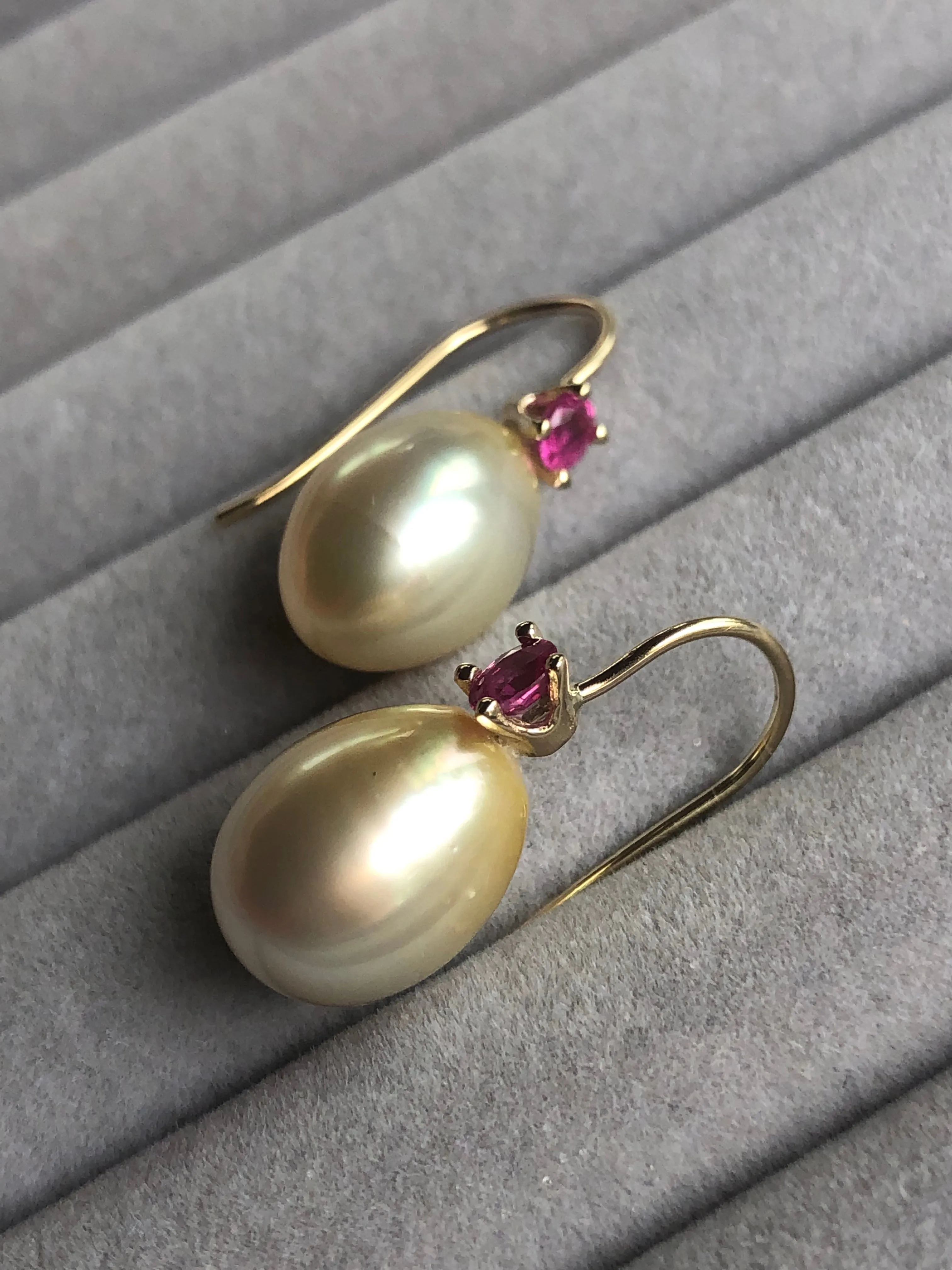 Australian Pearl Earrings with Ruby 14 Karat Yellow Gold