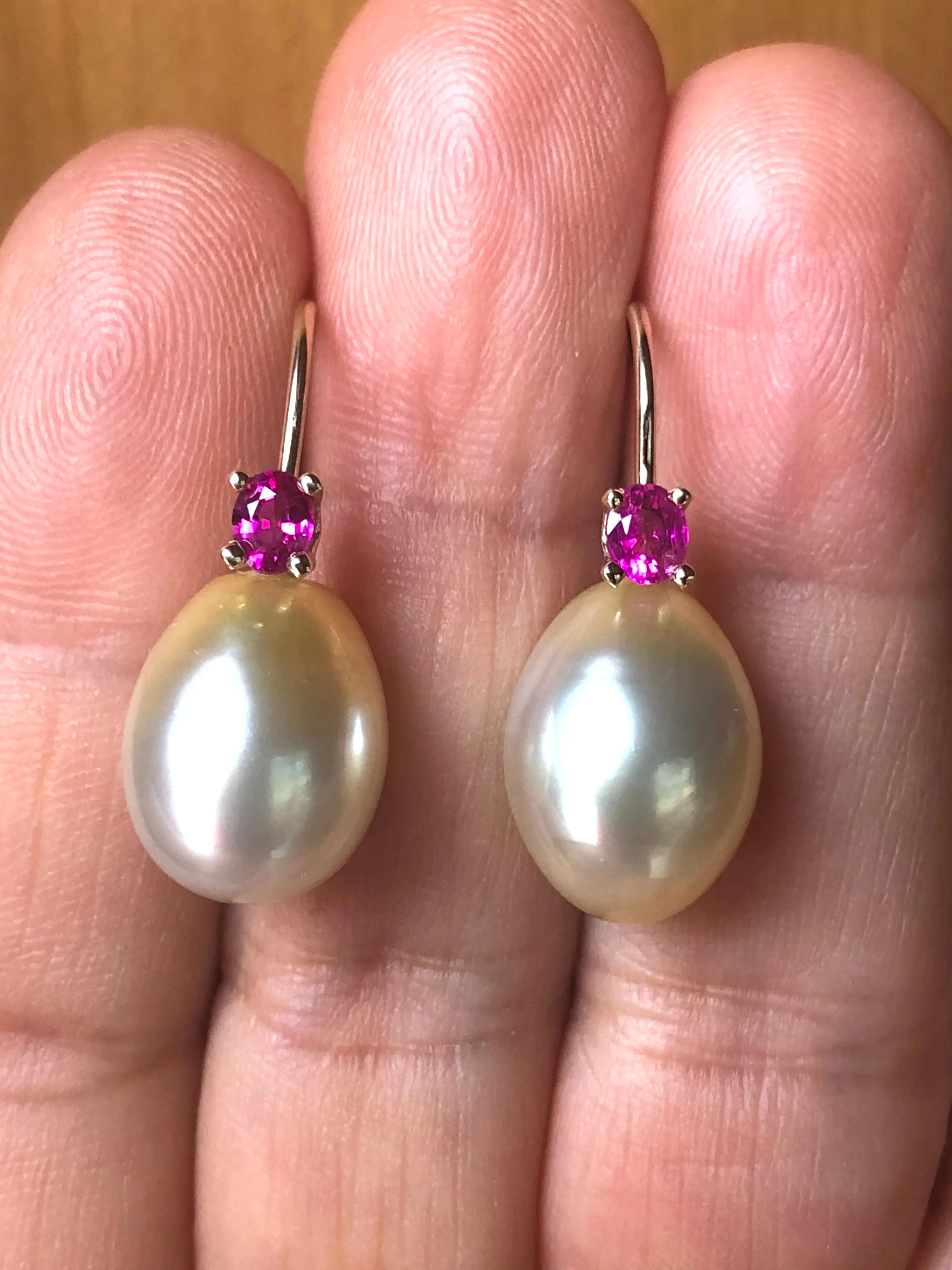 Australian Pearl Earrings with Ruby 14 Karat Yellow Gold